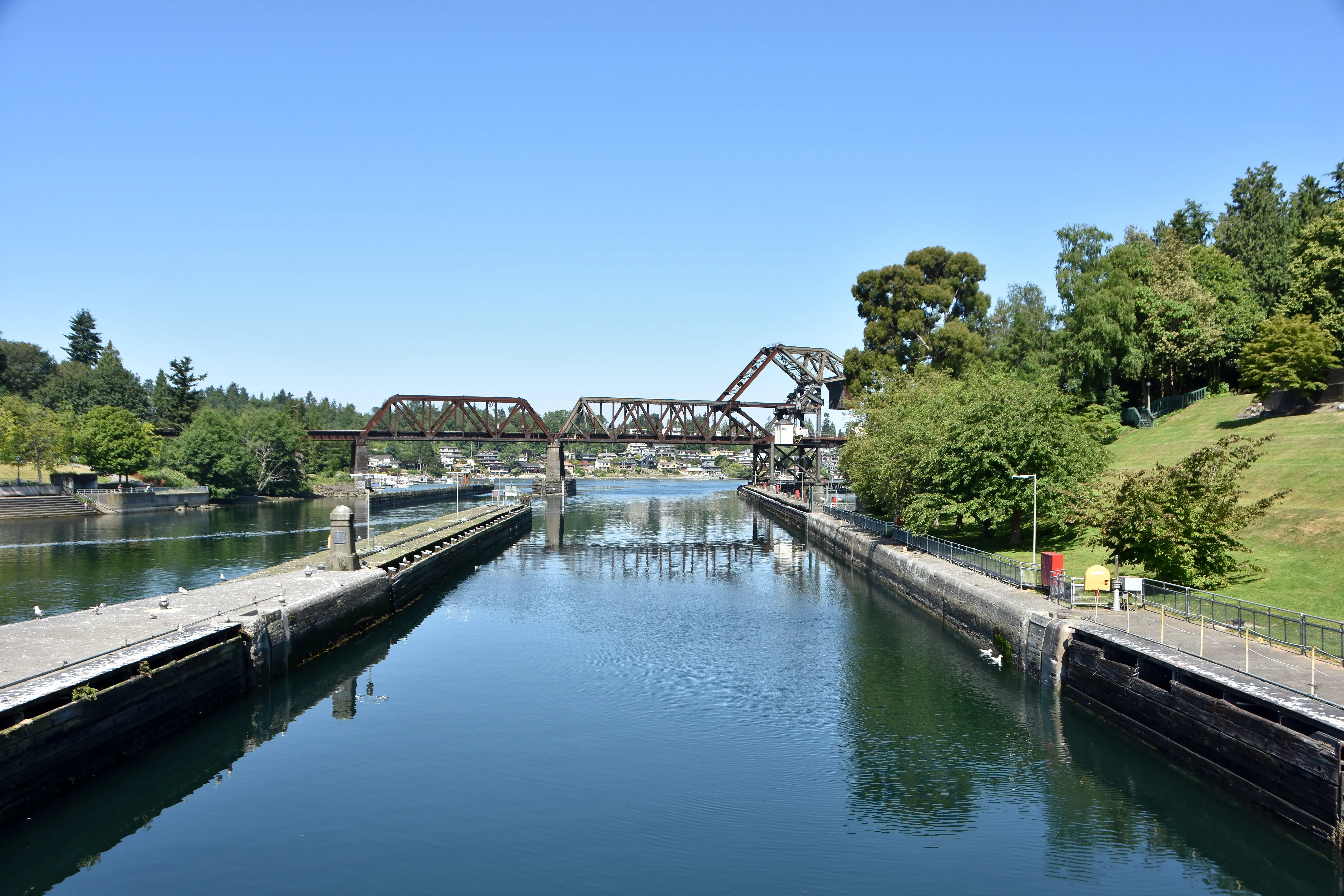 View of the water from the pedestrian walkway over the Hiram M. Chittenden Locks in Seattle, Washington.