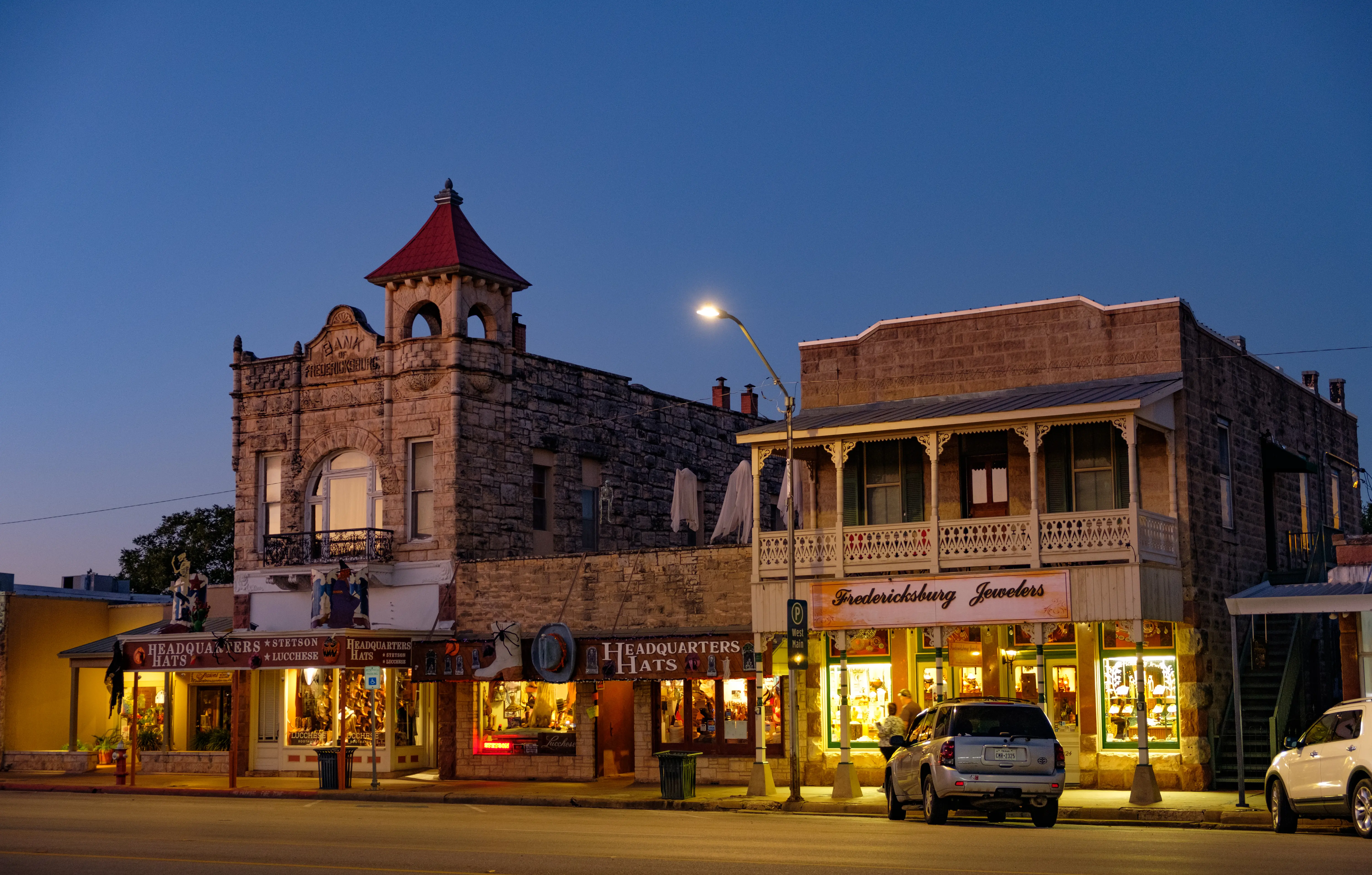 Outdoor image of buildings in downtown Fredericksburg, Texas