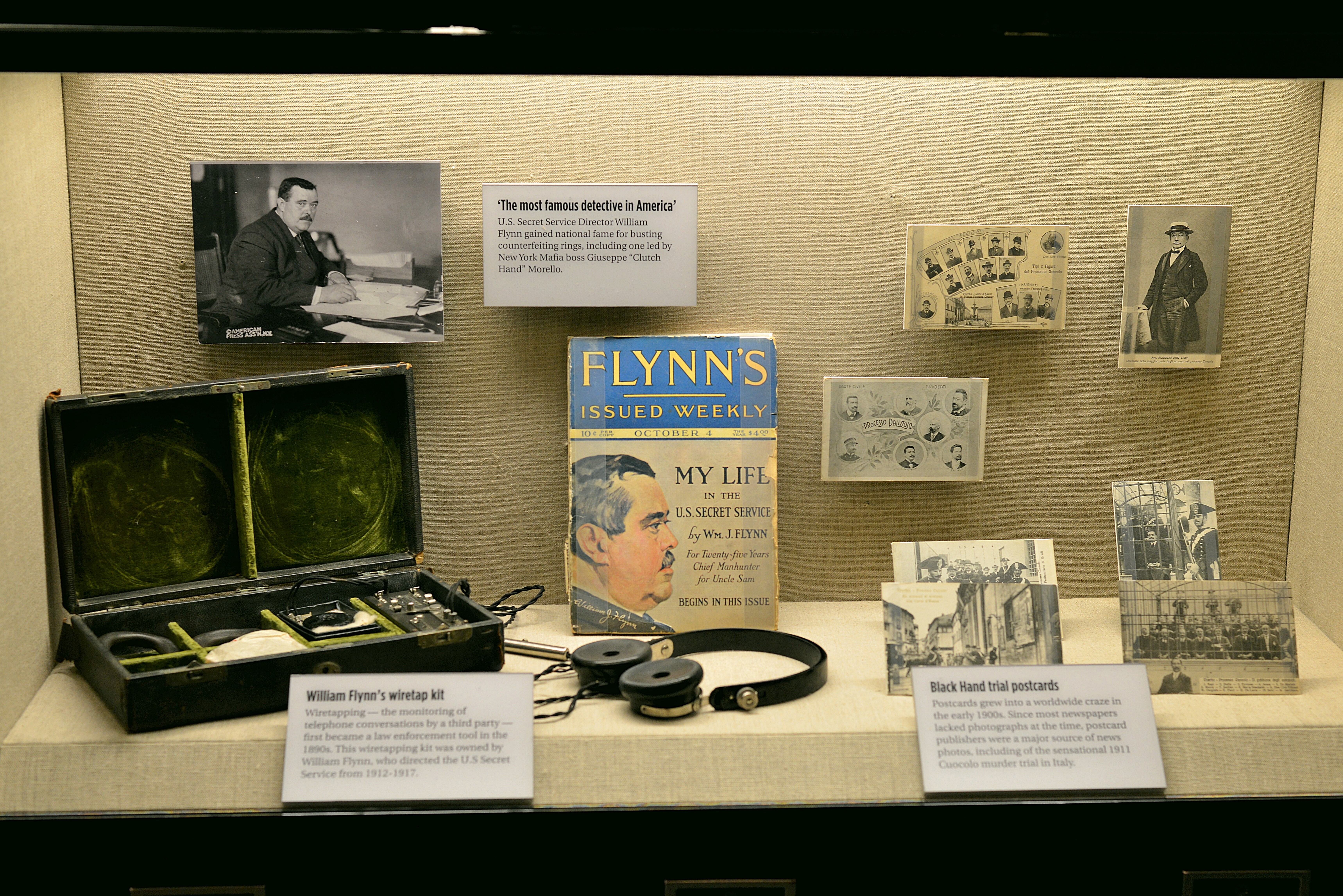Image of an exhibit of mafia artifacts from The Mob Museum in Las Vegas.