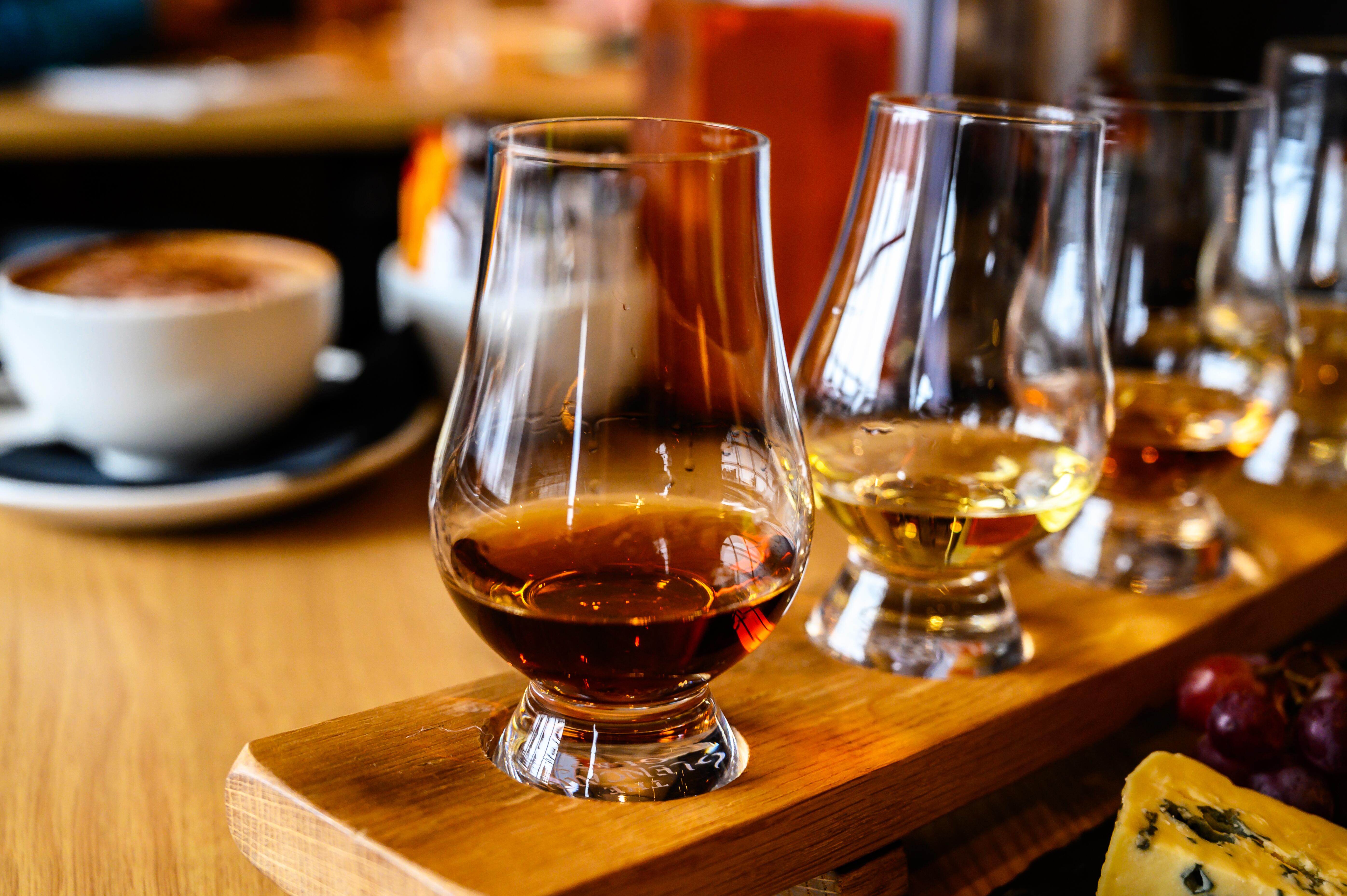 Flight of different bourbons at a bourbon tasting