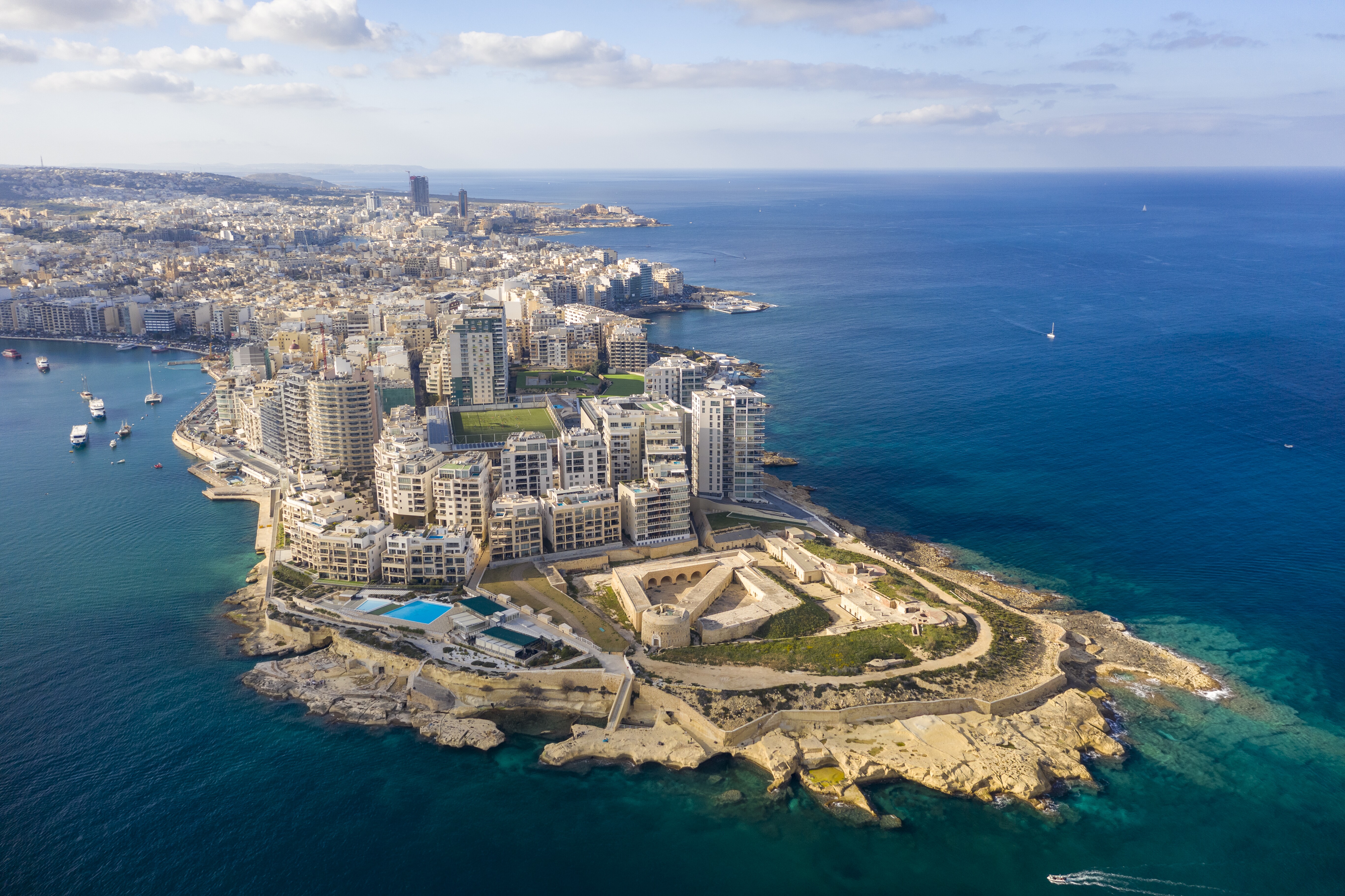Aerial photo of buildings and hotels in Malta.