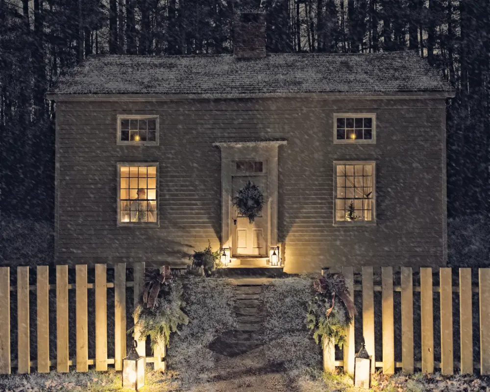Exterior night photo of Hale Farm and Village in Bath Ohio