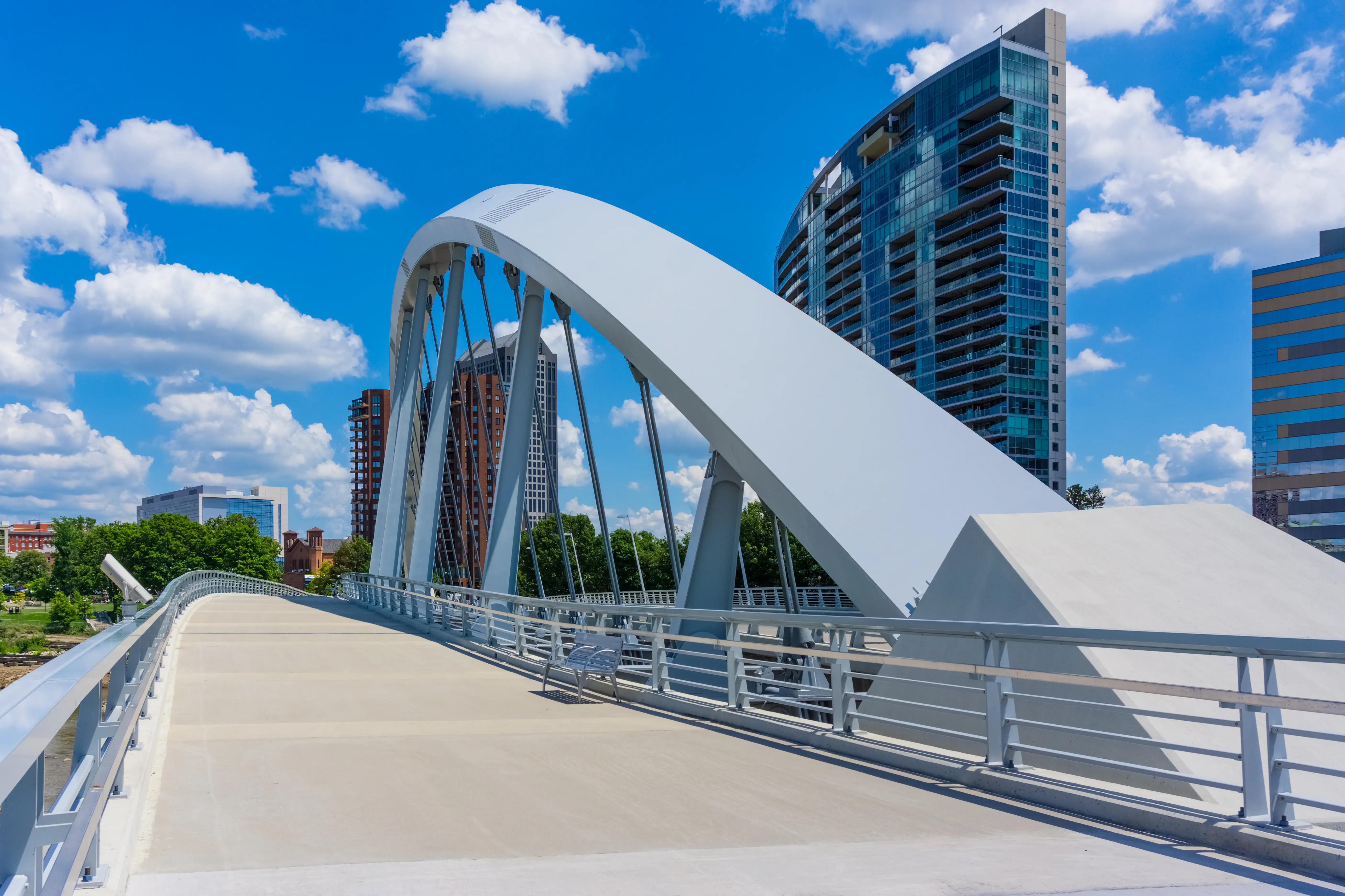 Spring day in Columbus with close-up of walkway and Main Street Bridge arch, Ohio