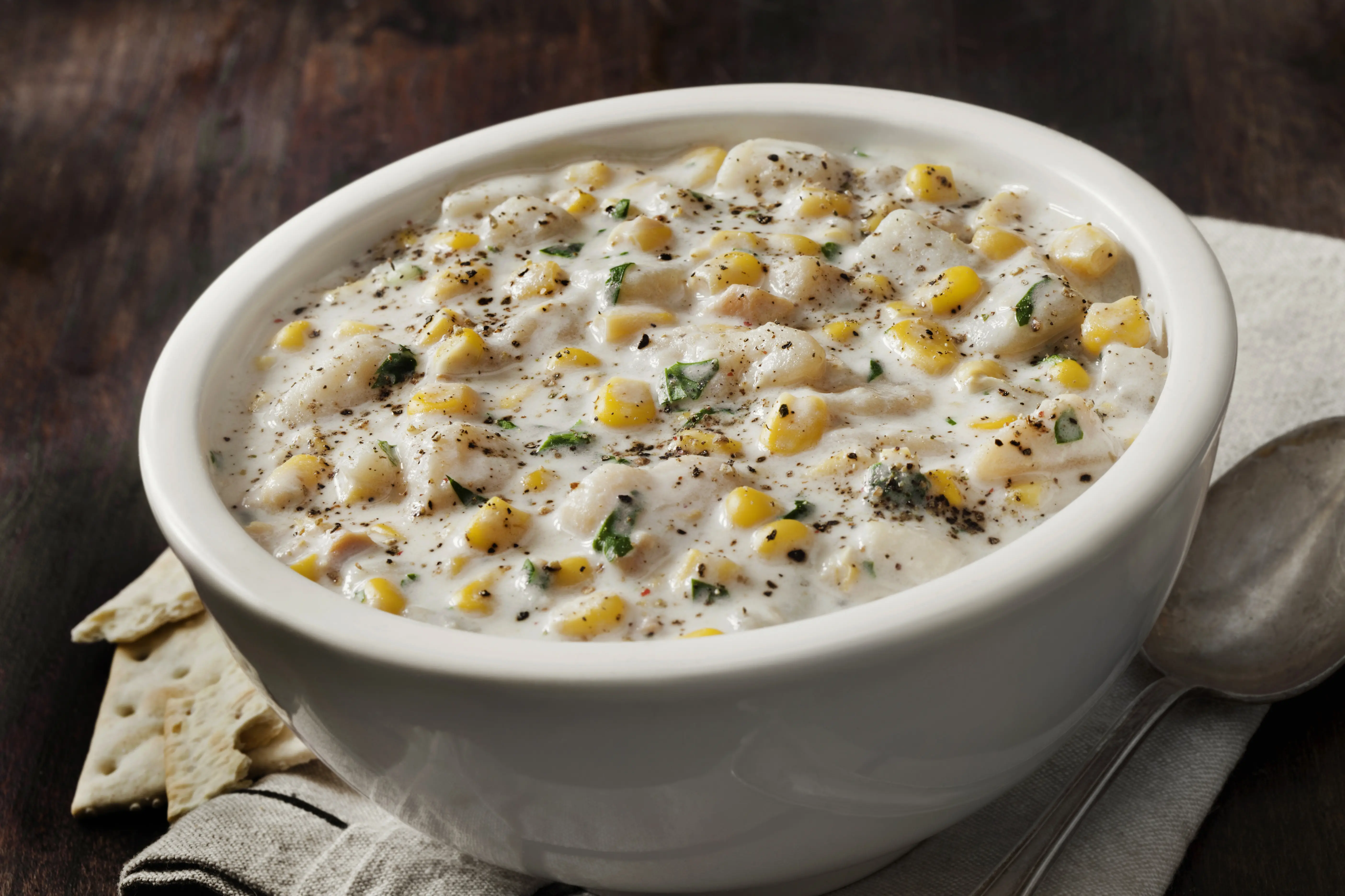 Image of a bowl of cream corn potato chowder.