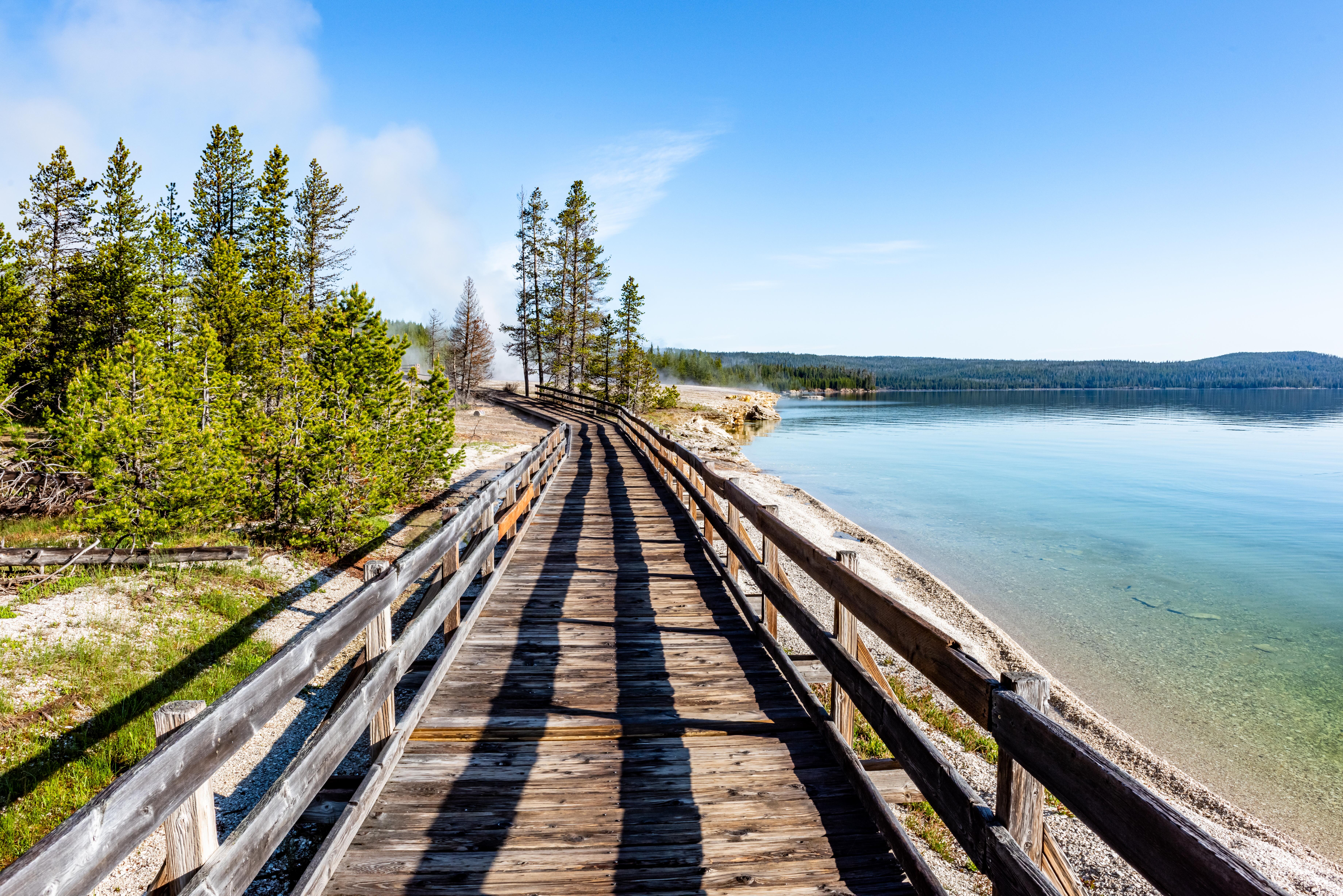 Sunny day view of boardwalk along Yellowstone Lake, at Thumb Geyser Basin in Yellowstone National Park, Wyoming, USA