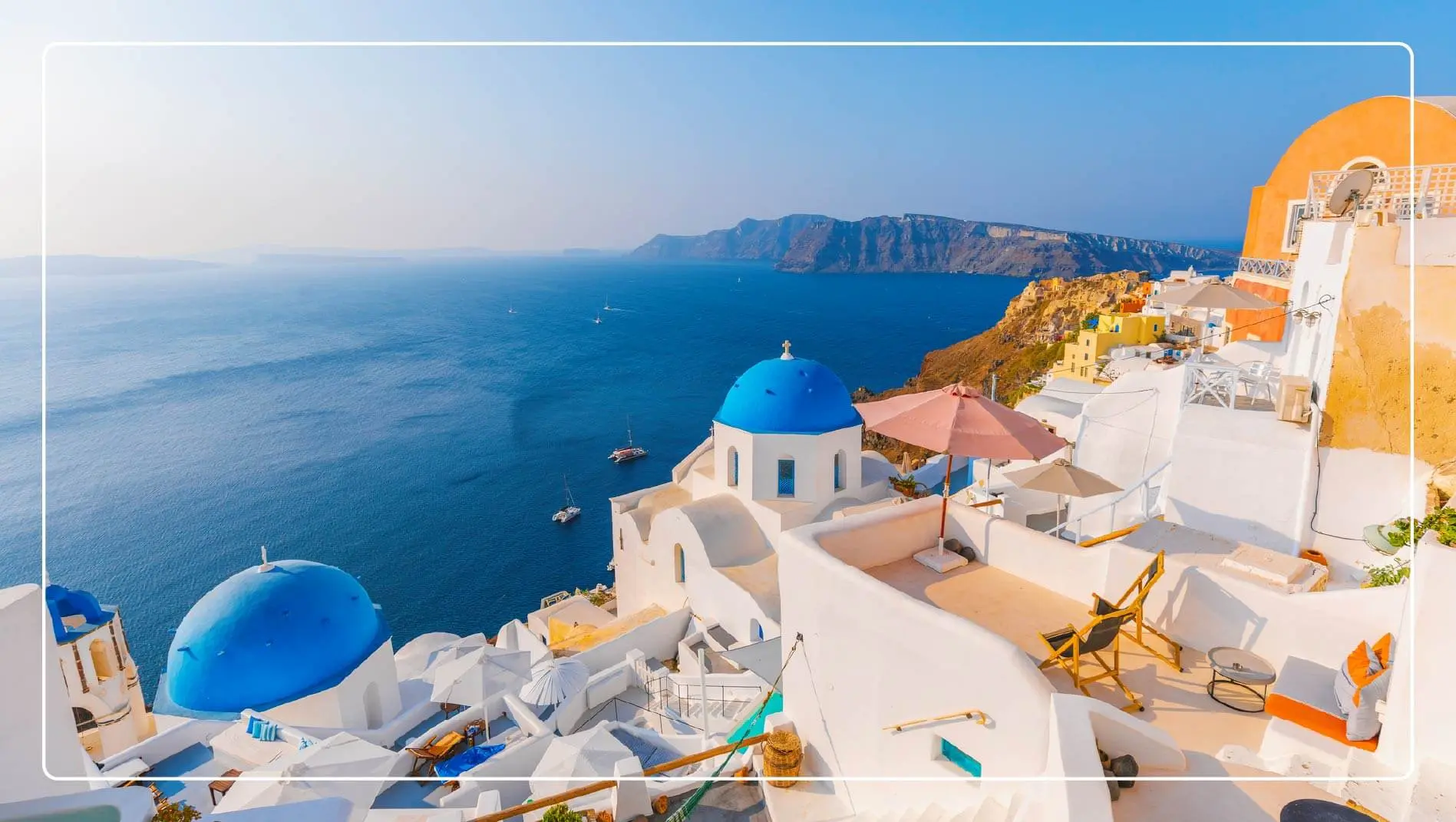 View of the blue-topped architecture on Santorini
