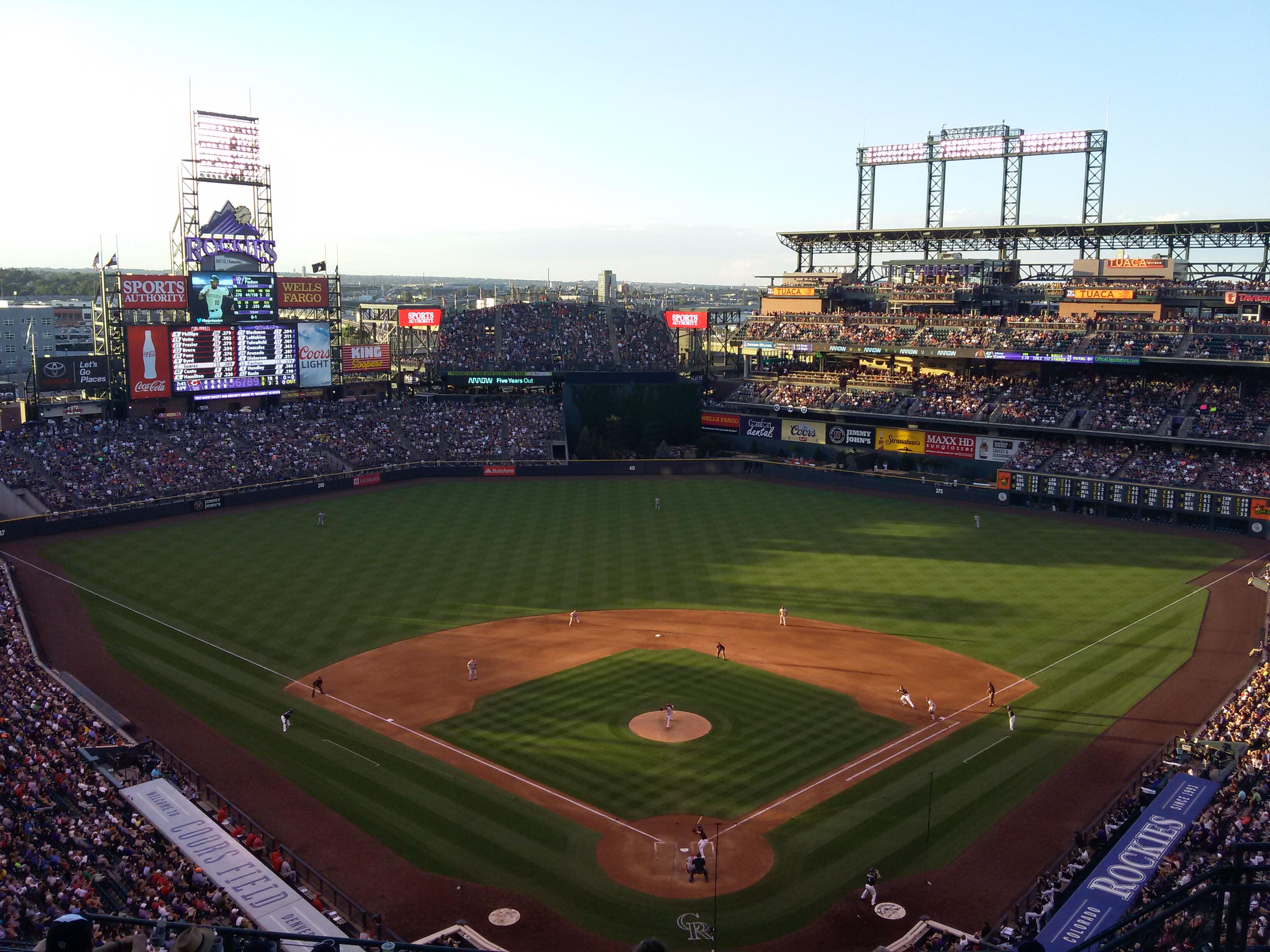 Shot of Coors Field stadium during a baseball game.