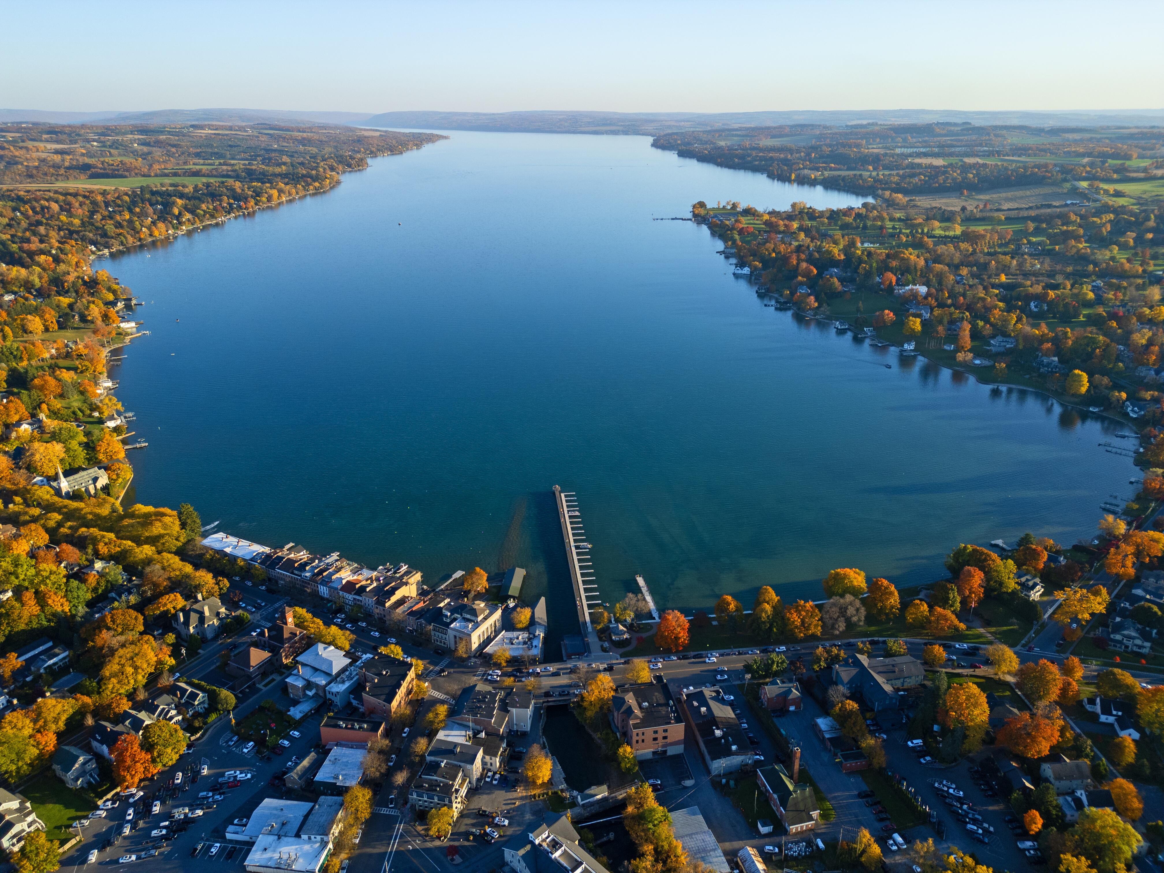 Aerial image of beautiful foliage and autumn colors in the finger lakes of upstate New York.