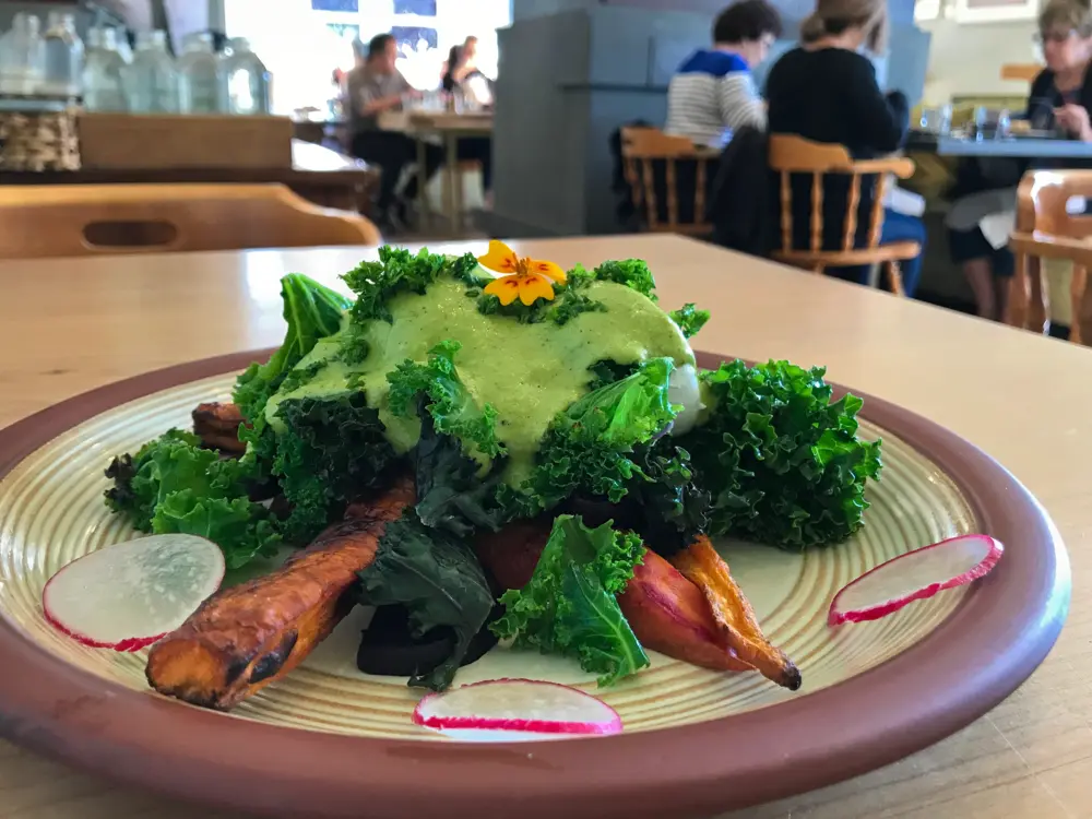 Plate of kale, roasted carrots and radishes at Nourish Kitchen and Cafe in Victoria, British Columbia.