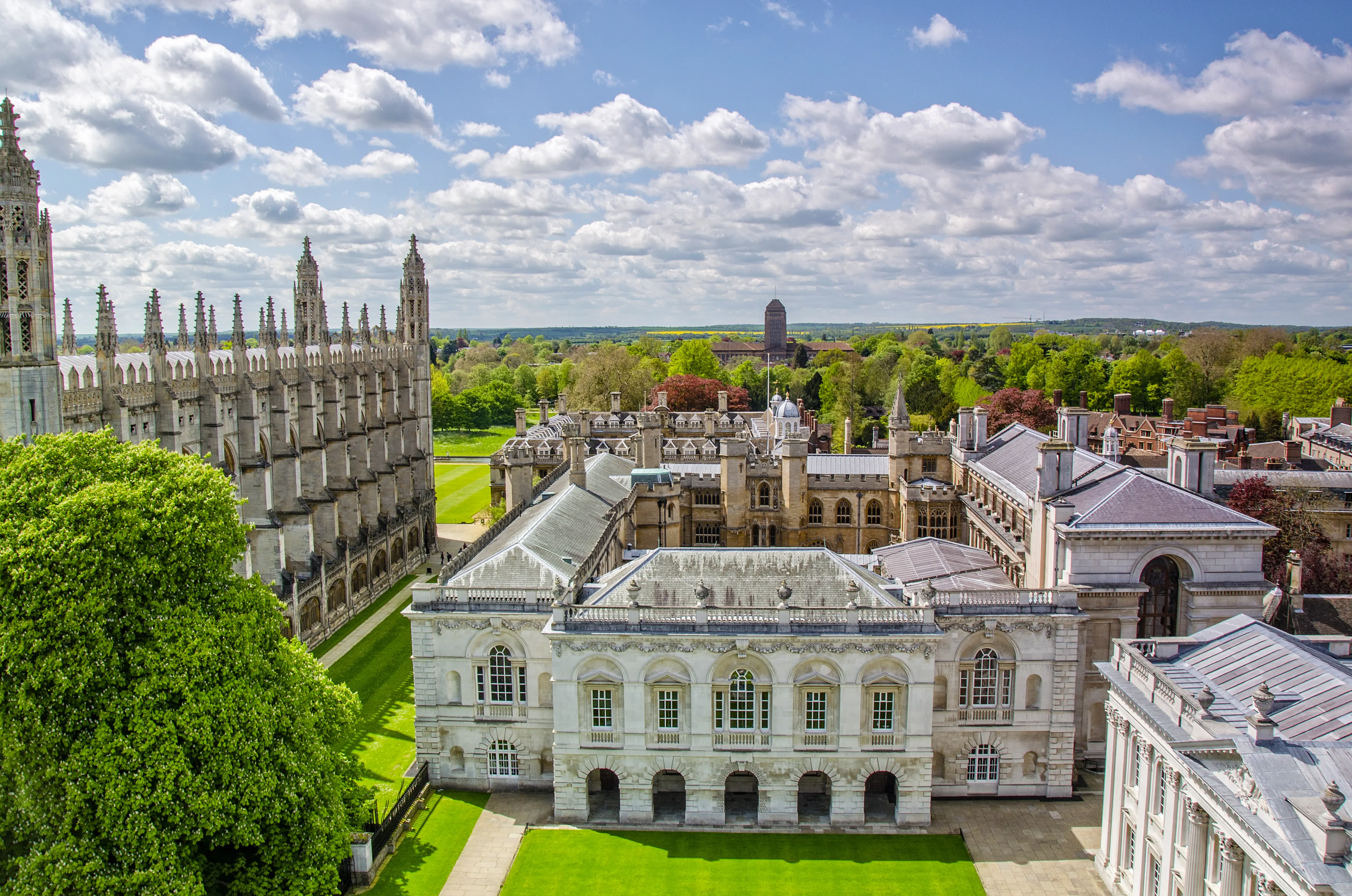 Daytime view over the historic Old Schools of Cambridge University, showing King’s College Chapel, Senate House, and Clare College in London