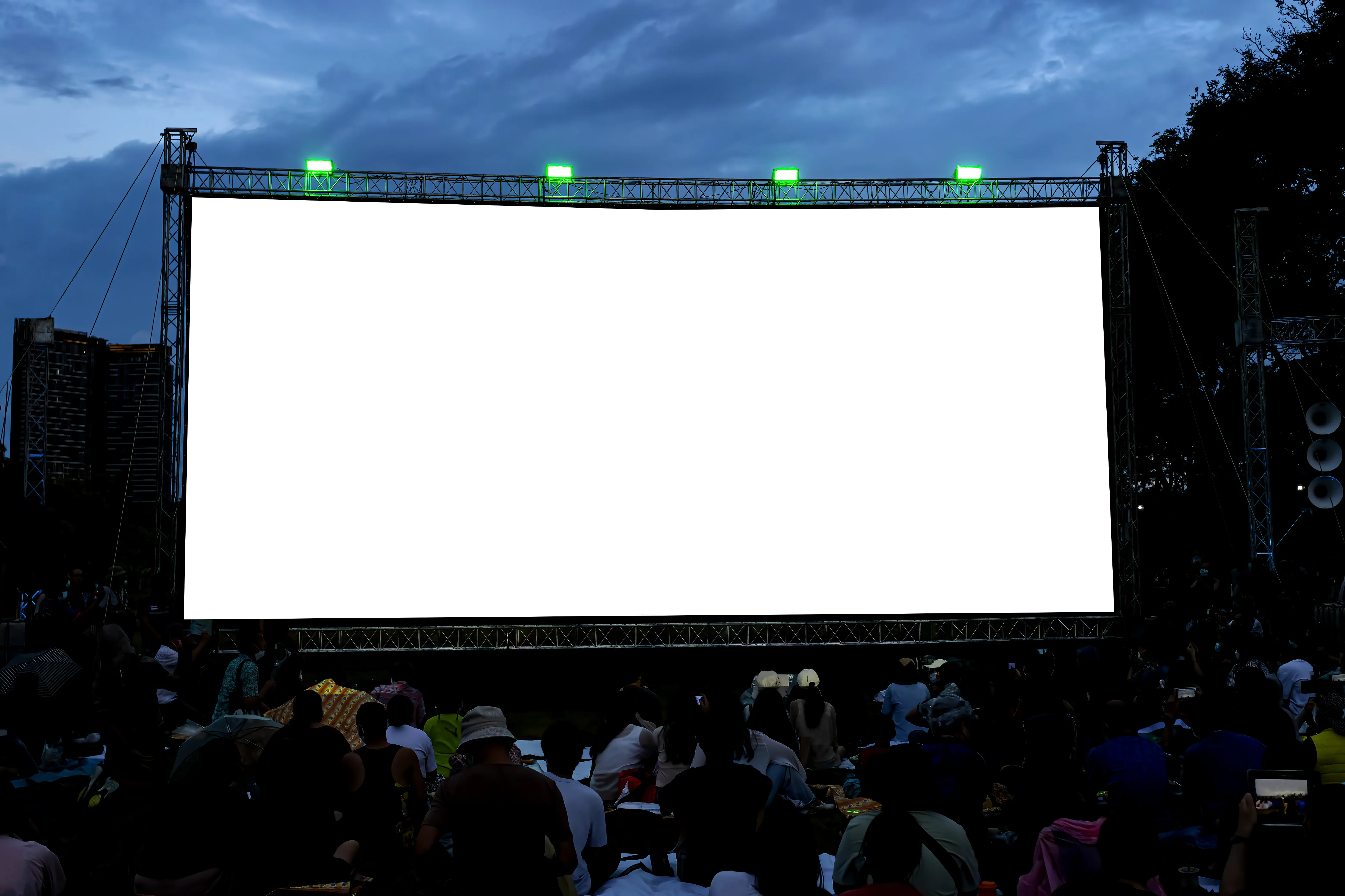 Image of an outdoor screen in a public park at nighttime, with a crowd gathered to watch.