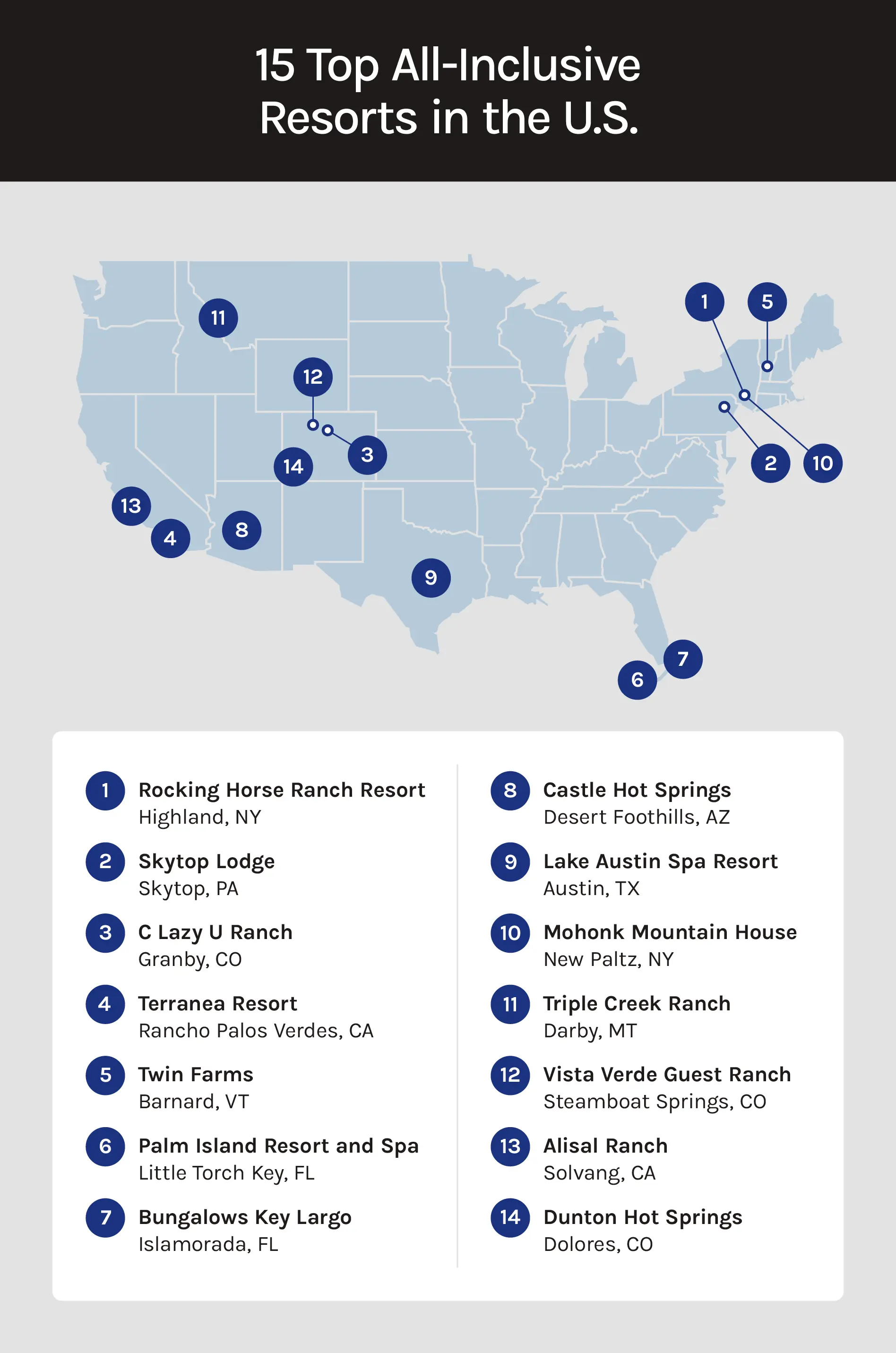 A map of the top 15 all-inclusive resorts in the United States.