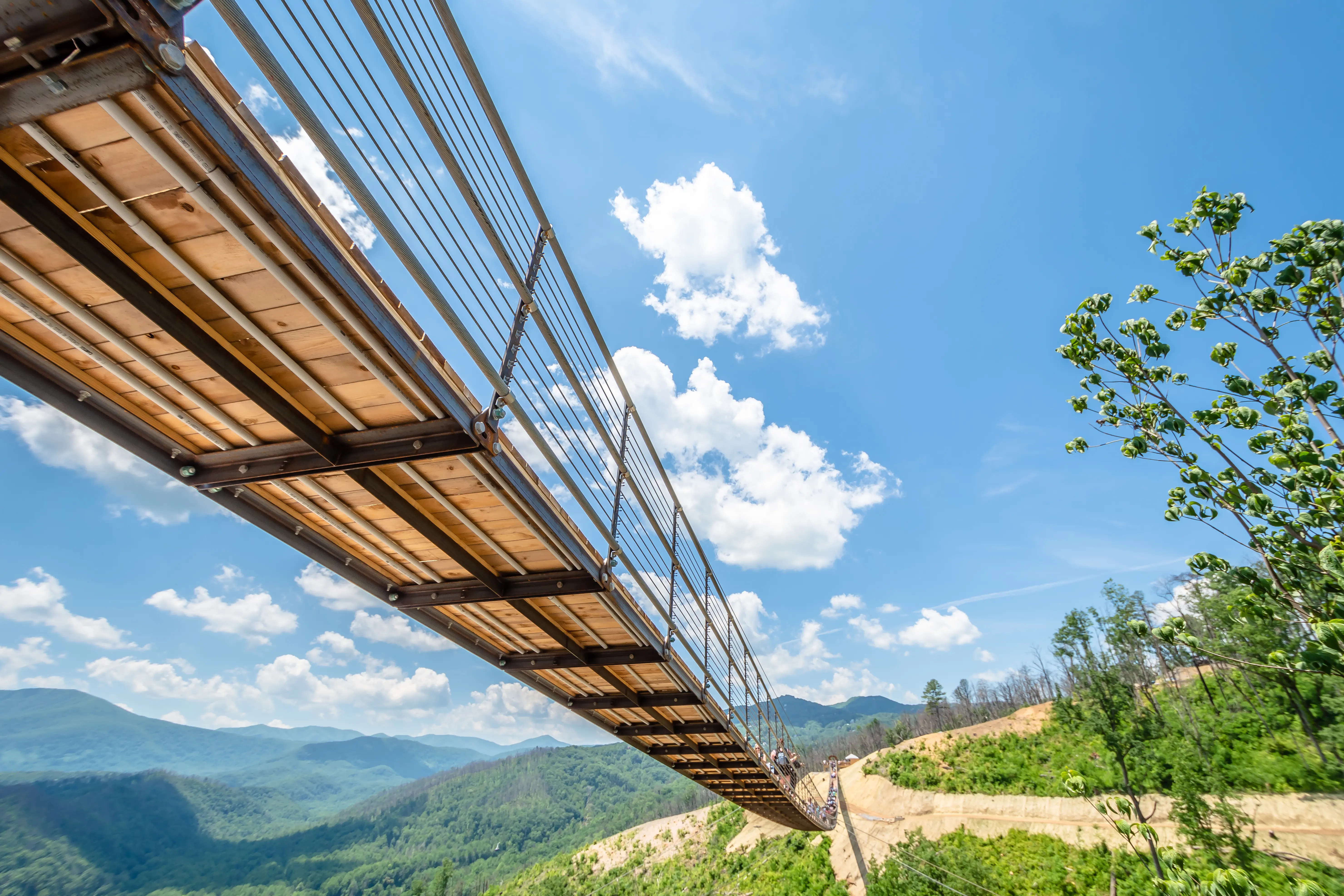 Skybridge Gatlinburg, the longest pedestrian suspension bridge in North America, hanging over the Smoky Mountains with blue sky
