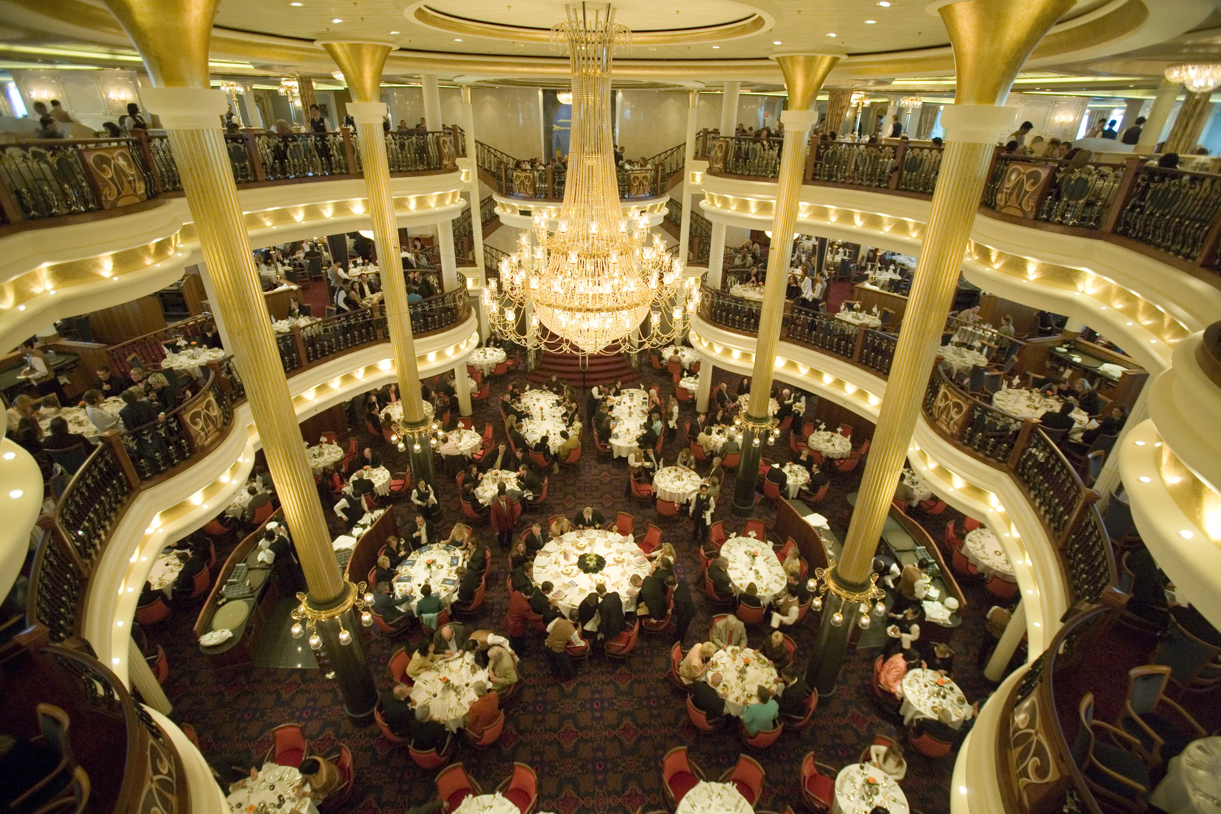 Image of the dining room atrium on board the Freedom of the Seas Royal Caribbean cruise ship.