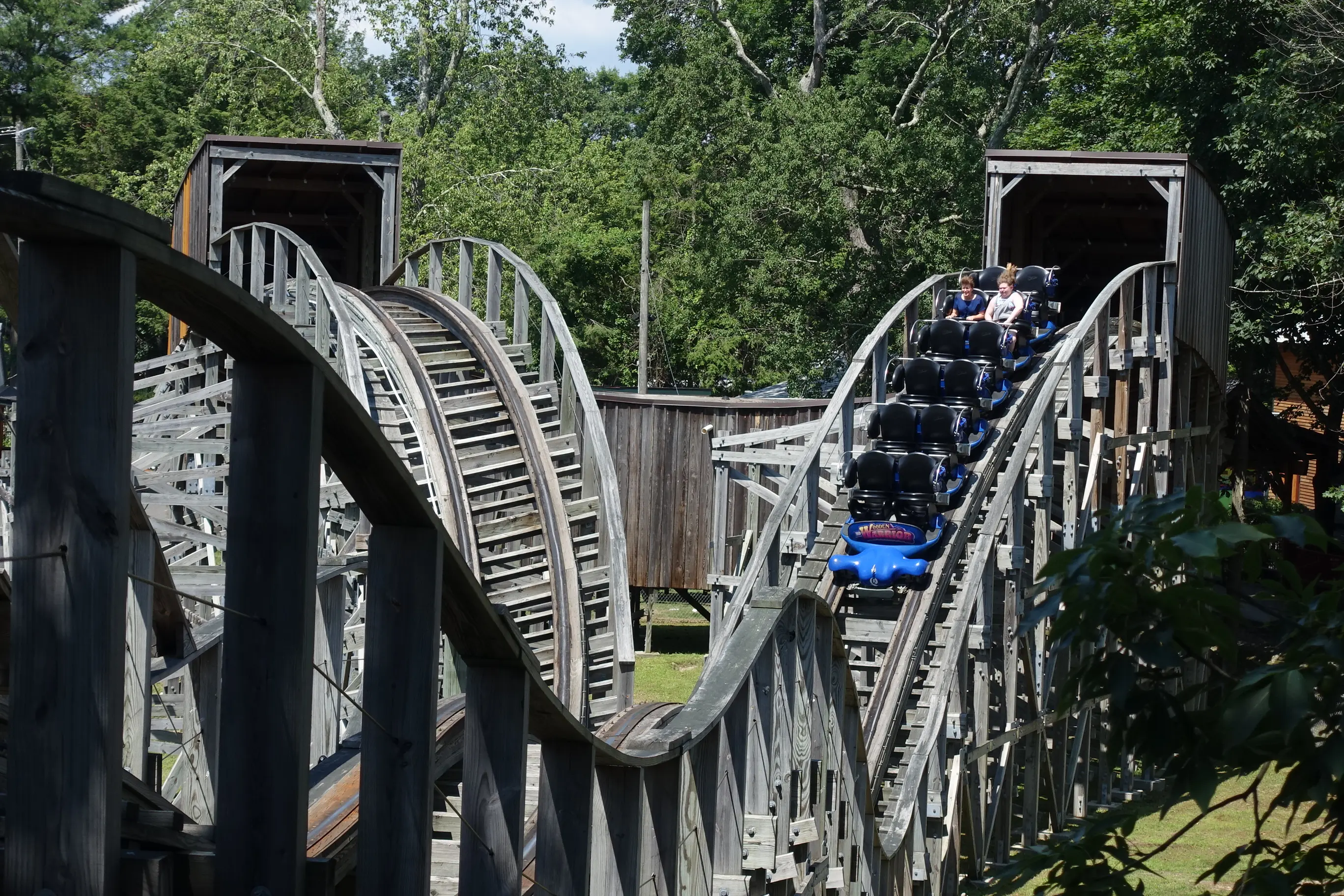 Image of the Wooden Warrior roller coaster at Quassy Amusement Park in Middlebrry, Connecticut.