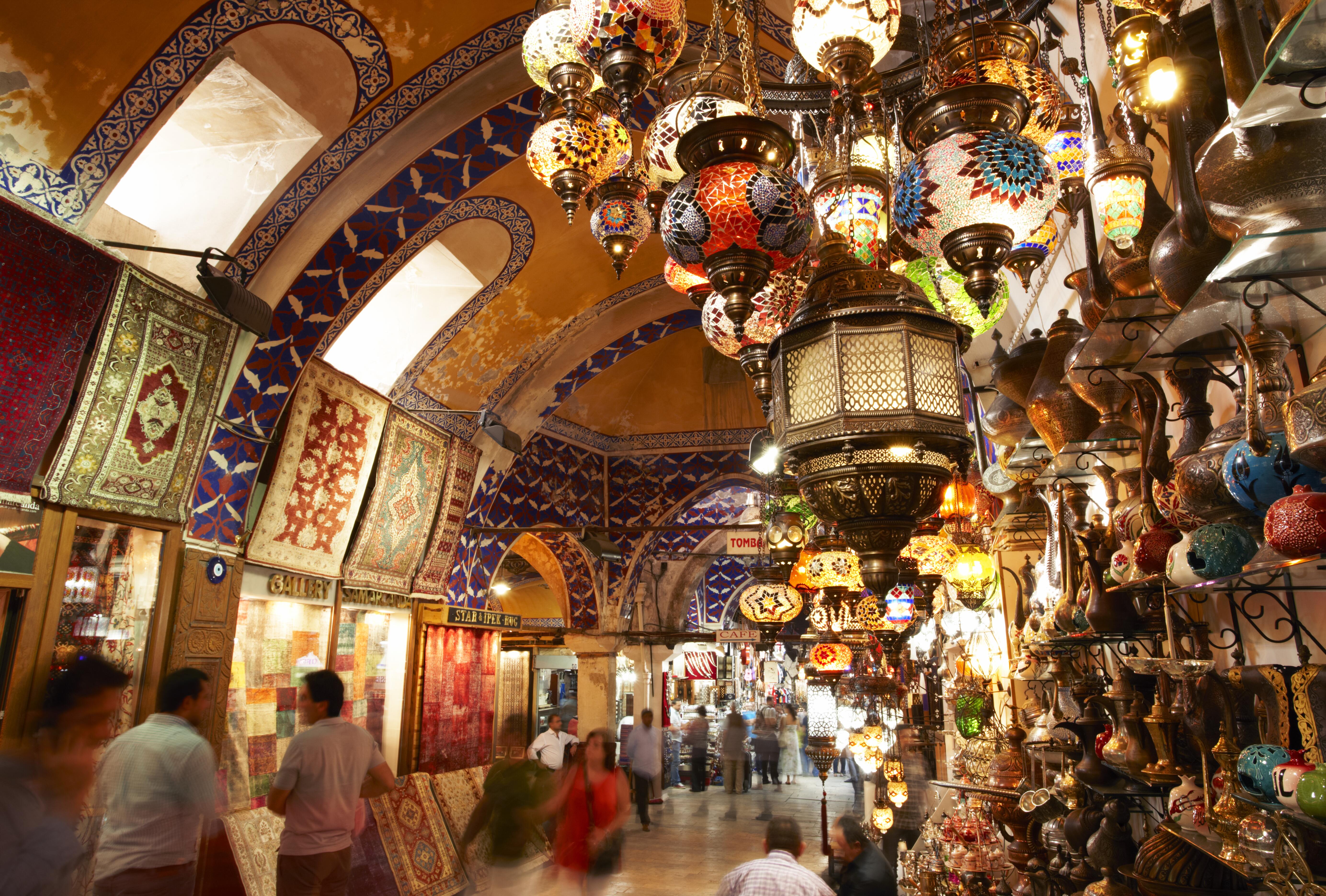Photo of the dimly lit Grand Bazaar, Istanbul