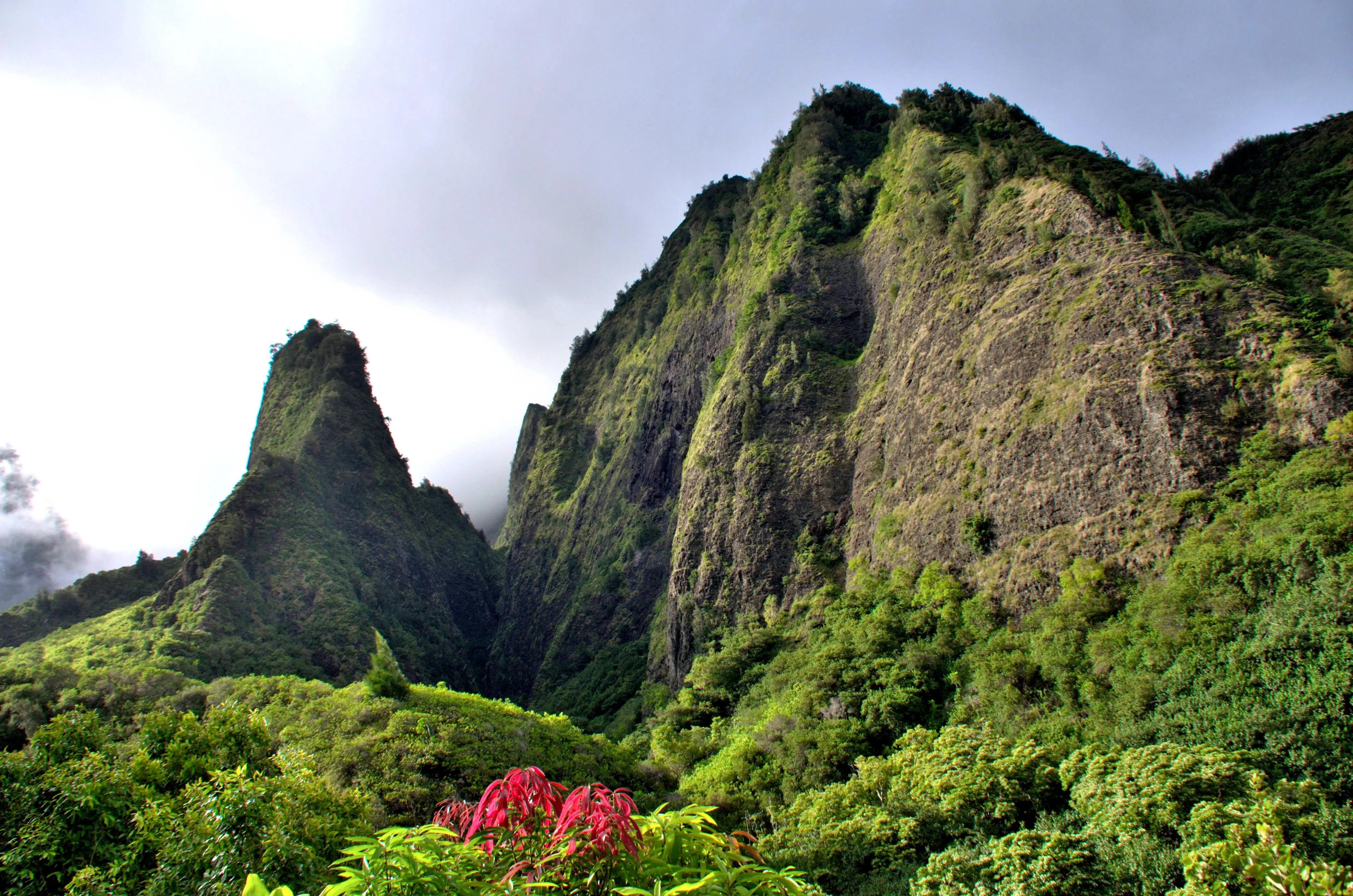 Iao Needle Valley Park with lush tropical foliage, mountains and valleys located on Maui, Hawaii