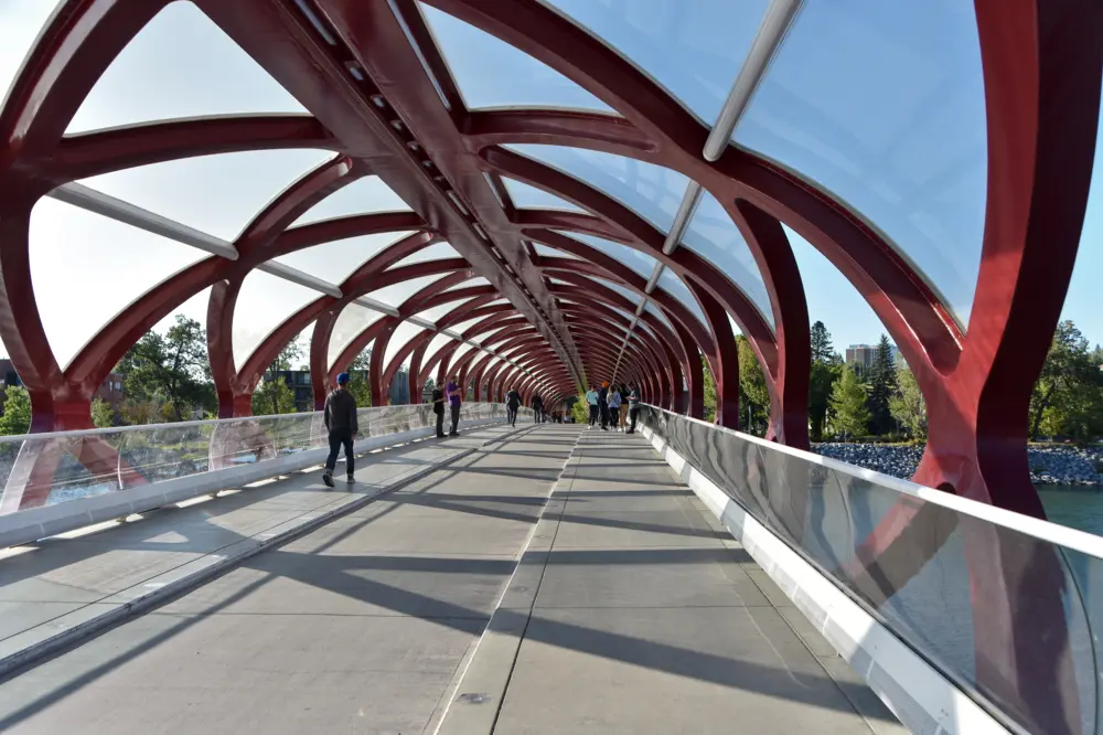 View walking across the Peace Bridge in Calgary, Alberta.