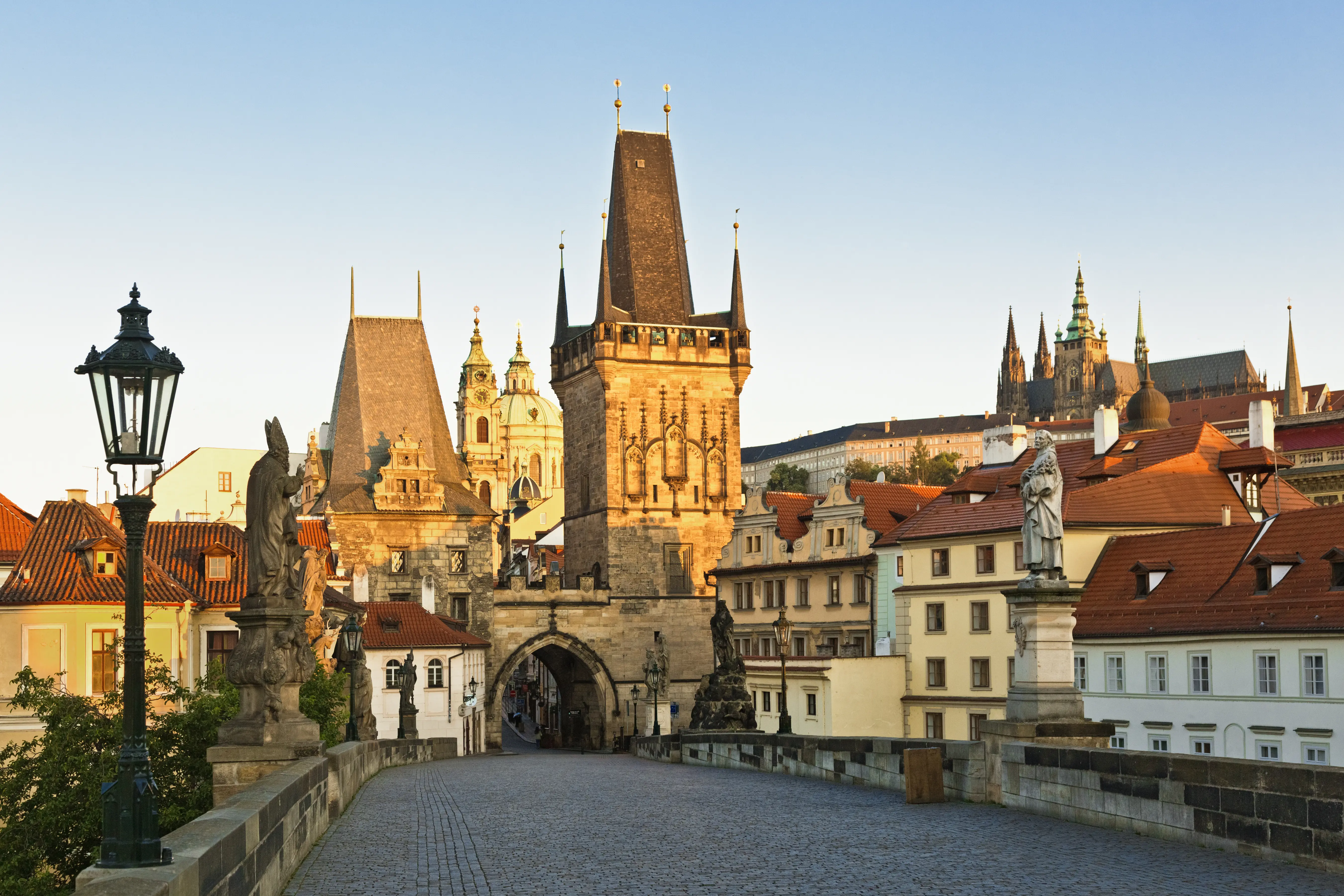 Outdoor morning image of the Charles Bridge in Prague, Czechia.