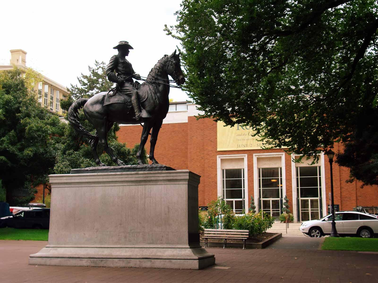 : A statue outside the Portland Art Museum