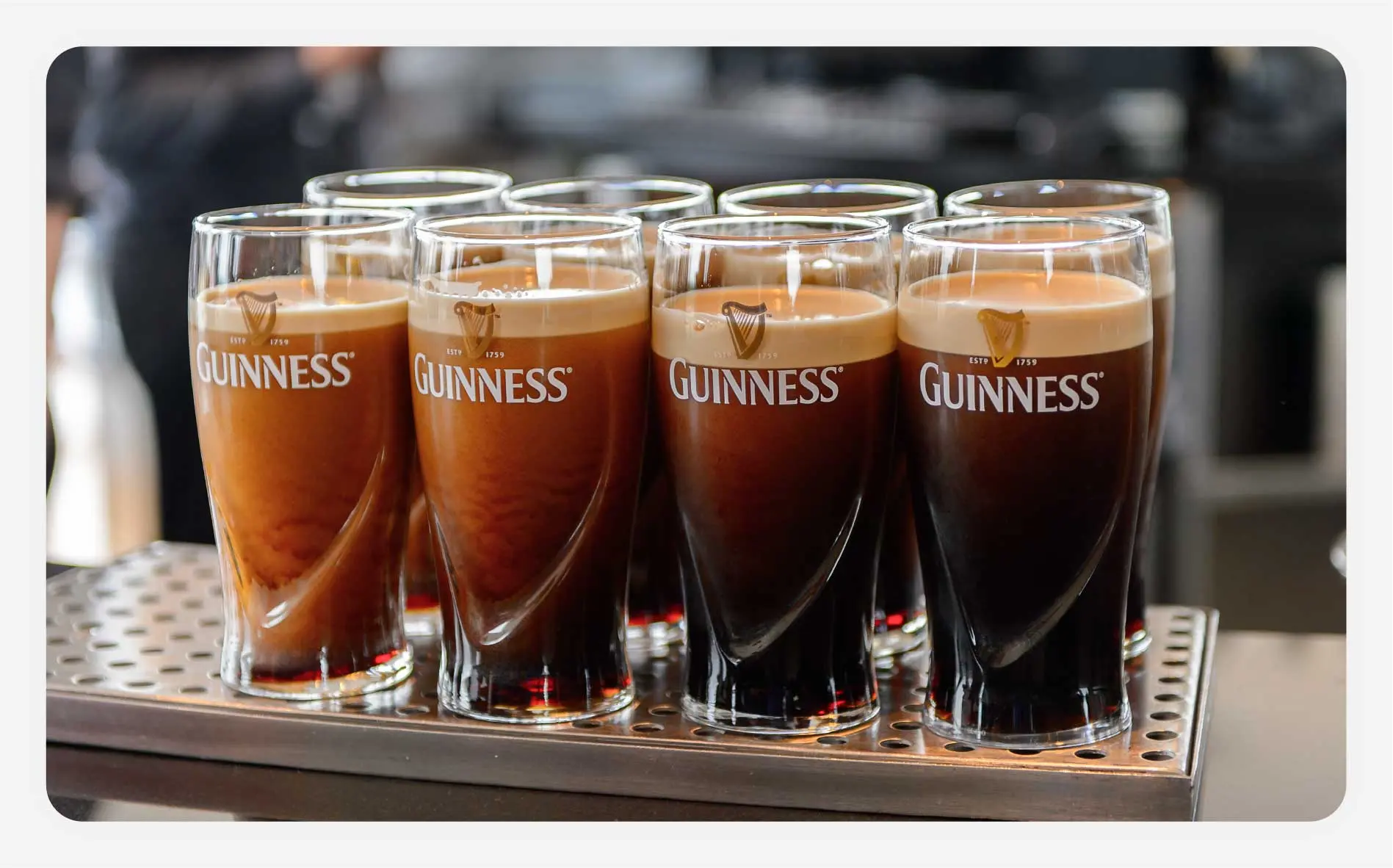 A row of freshly poured pints of Guinness beers
