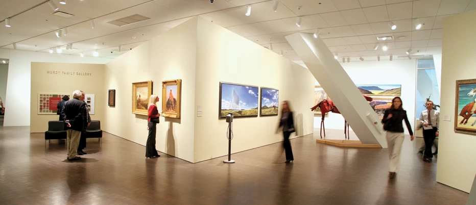 Denver art museum interior exhibit hall with tourists