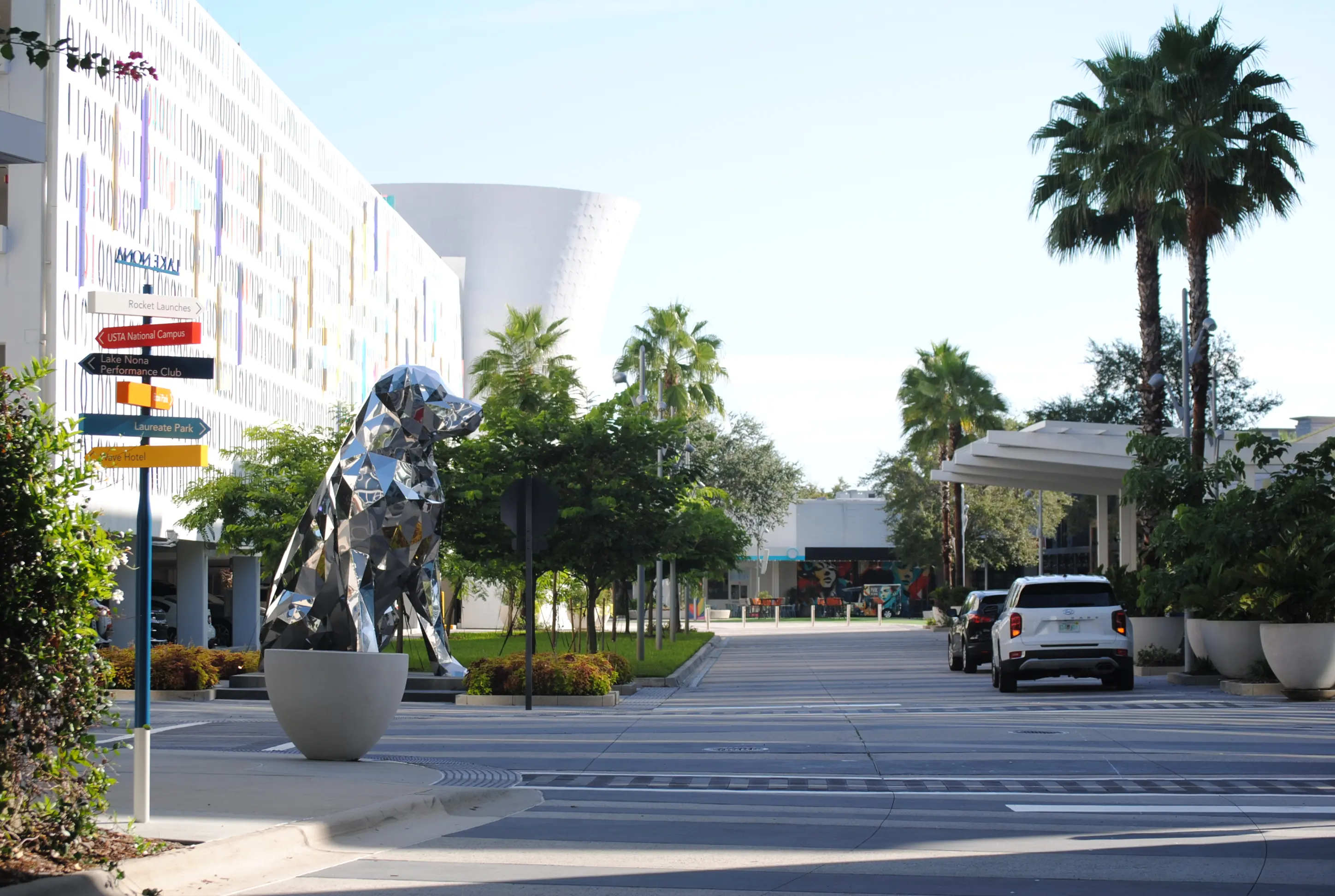 Image of the Lake Nona Town Center facing the Disco Dog statue.