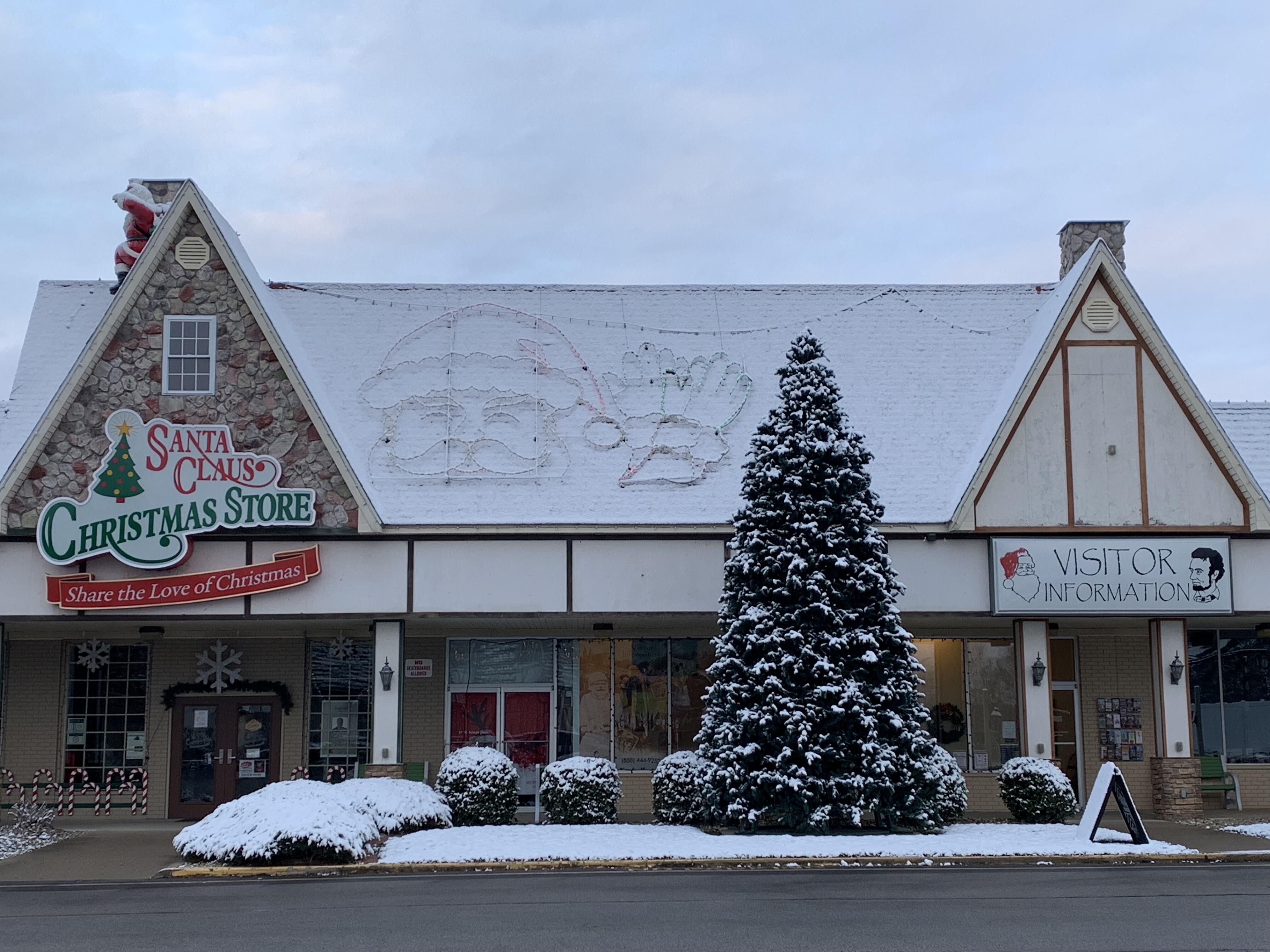 snowy exterior of Santa Claus Christmas Store