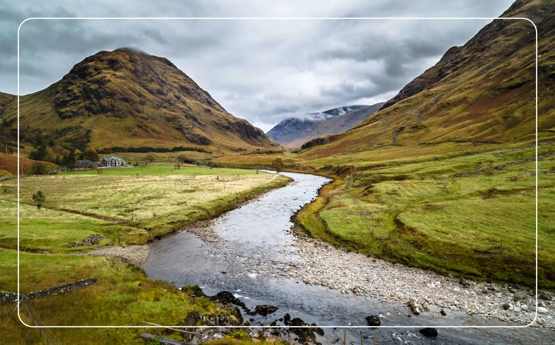 Idyllic small valley in the Scottish Highlands near Glencoe, Scotland.