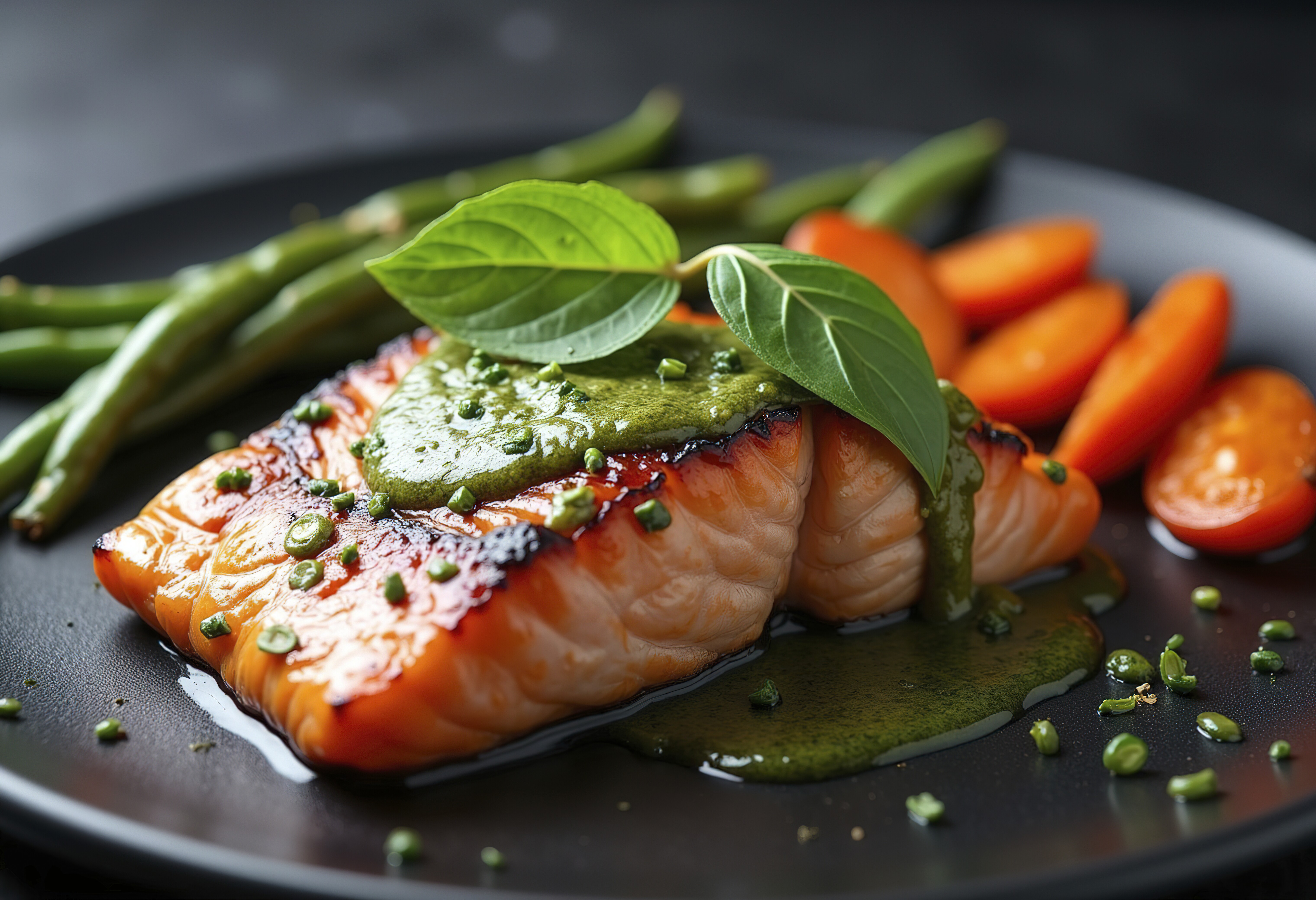 Grilled salmon fillet with green herb sauce, roasted green beans and carrots