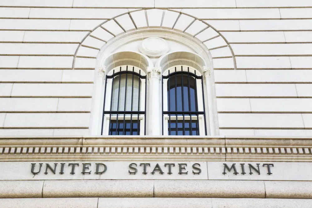 Exterior view of the U.S. Mint building with sign