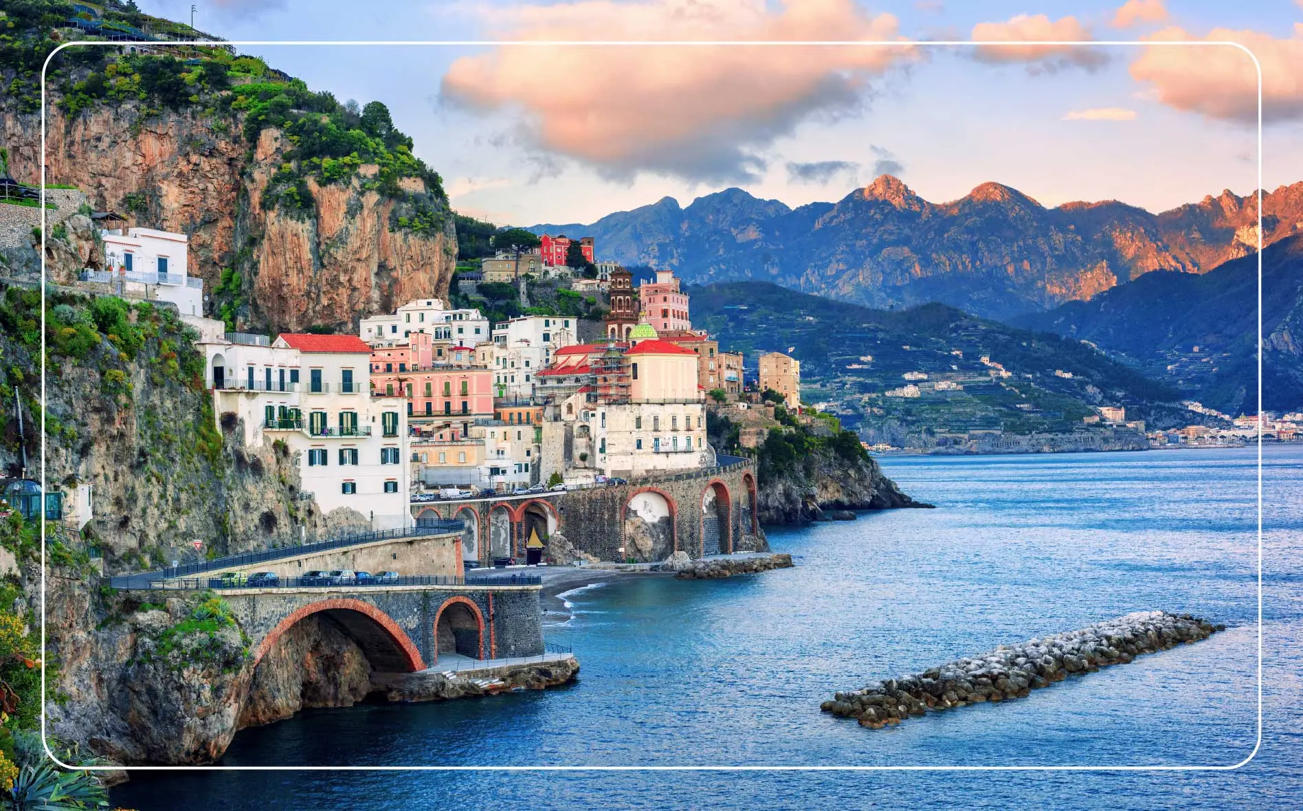 Atrani town at sunset on the spectacular Mediterranean Amalfi coast, Italy.