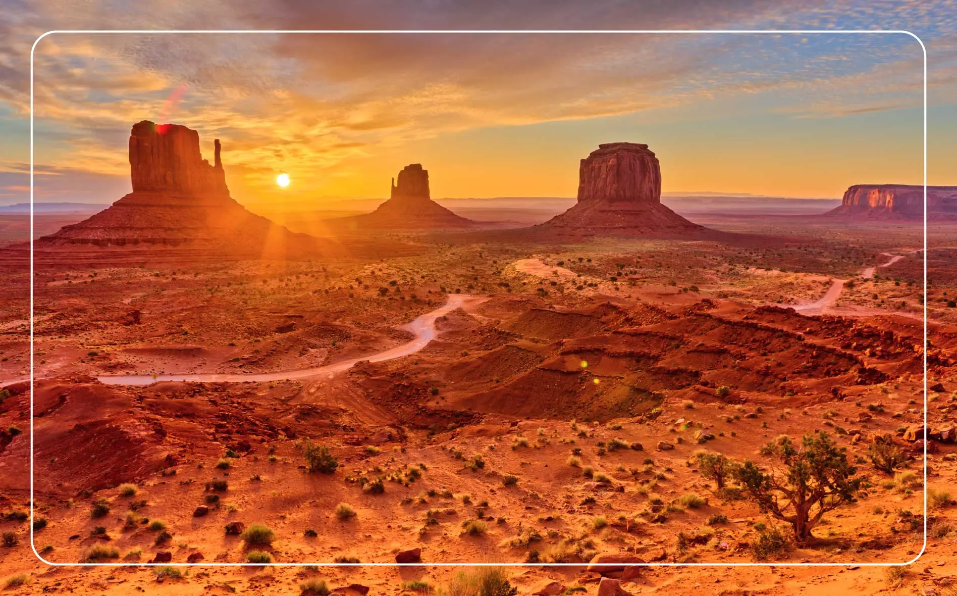 The mittens geologic feature in Monument Valley tribal park in Arizona at sunrise.
