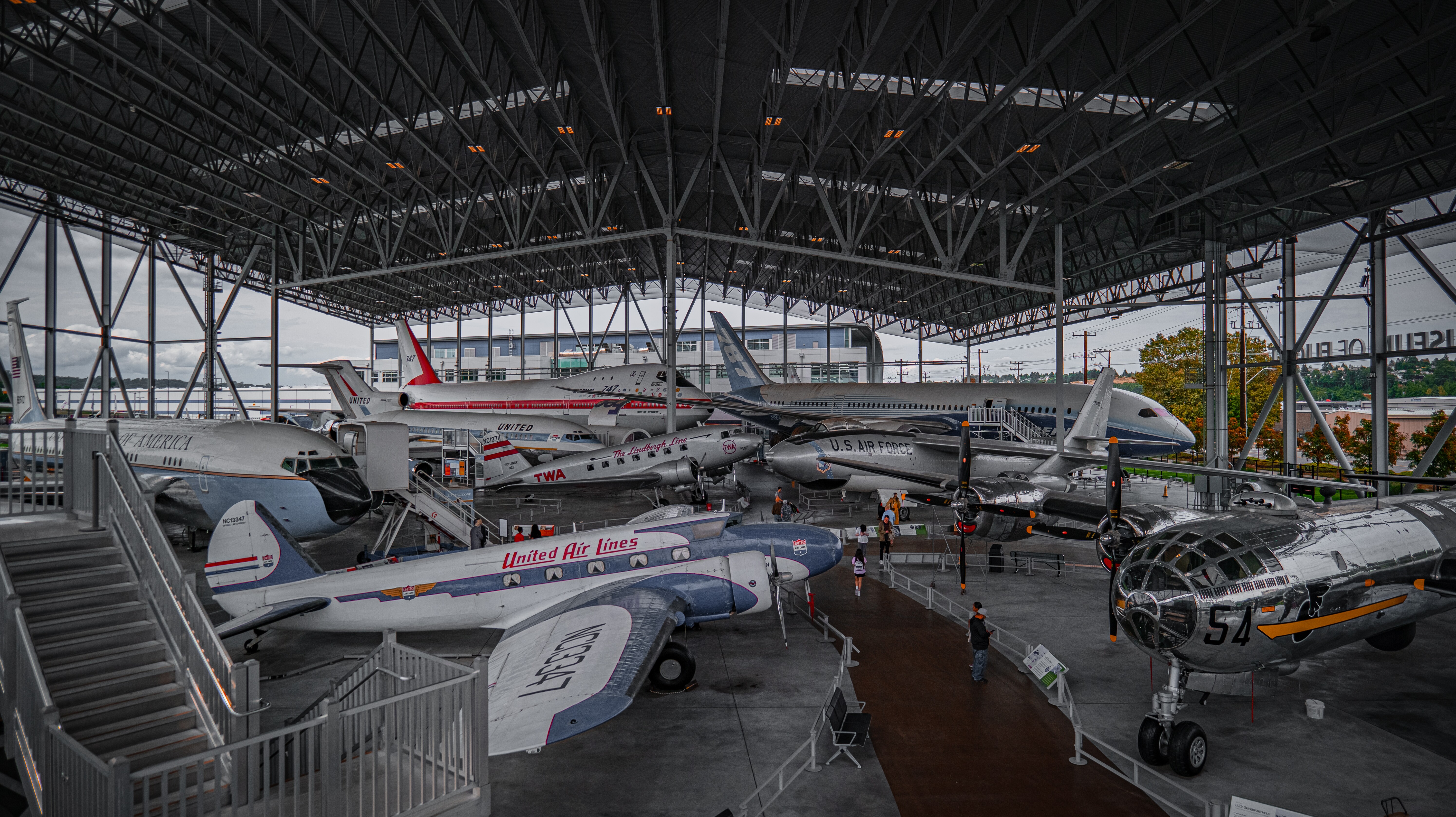 Image of the different planes and aircrafts on display at the Museum of Flight in Seattle.