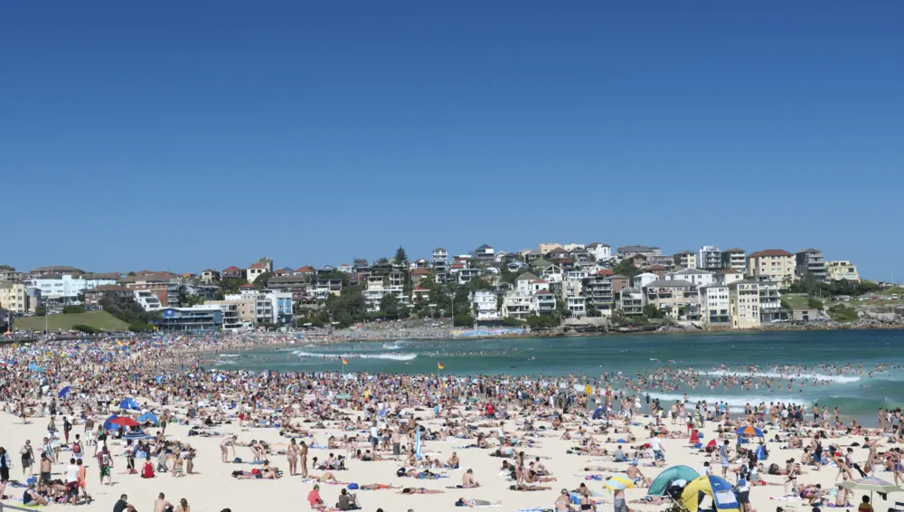Crowded Bondi Beach on New Years Day, Sydney. The most famous Beach of Australia.
