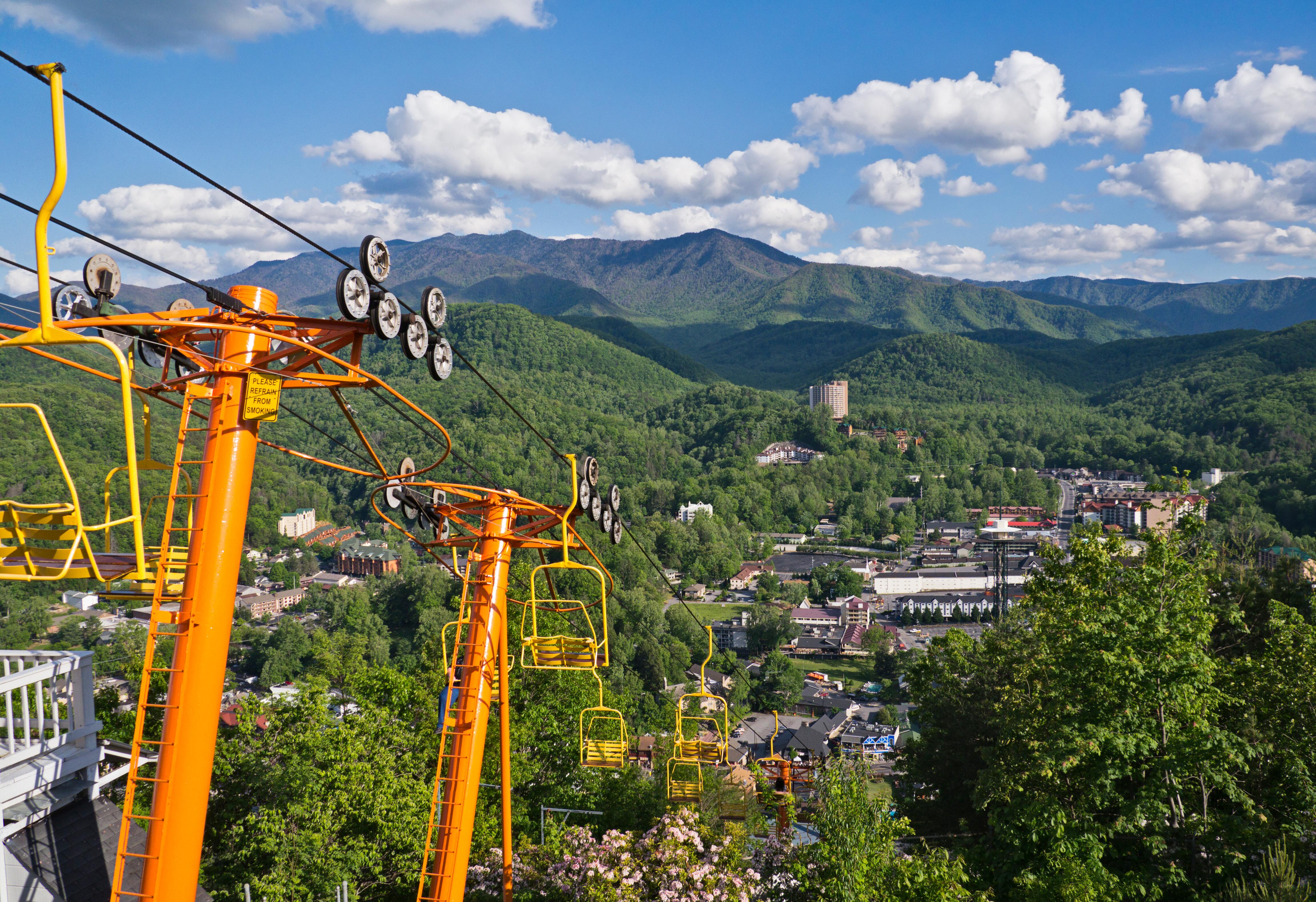 Ski lift from downtown Gatlinburg with a stunning view of the Smoky Mountains, Tennessee