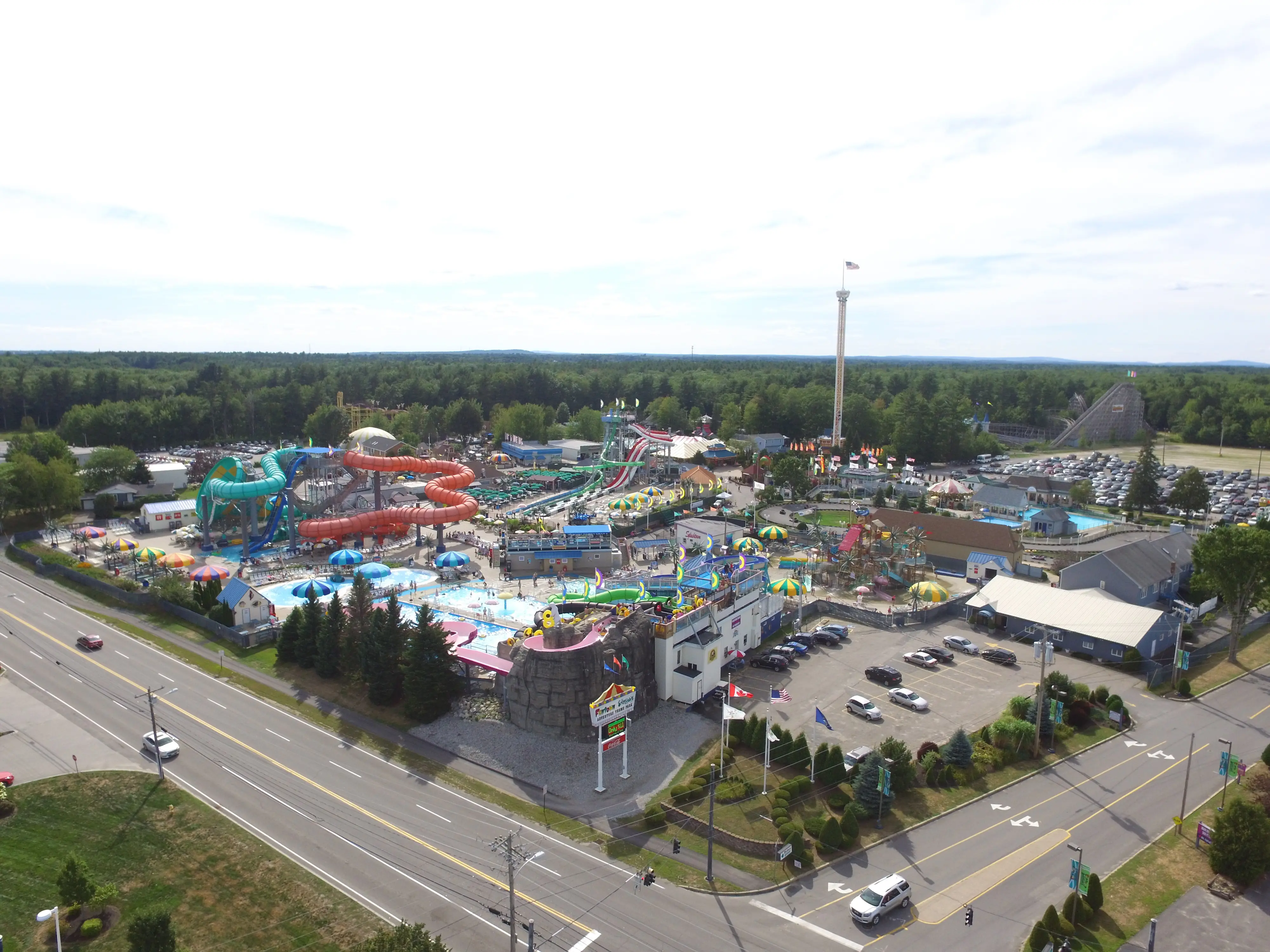 Aerial image of Funtown Splashtown USA amusement and water park, in Saco, Maine.