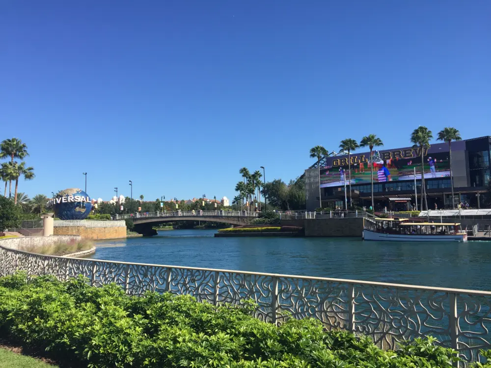 view of shops from across the water