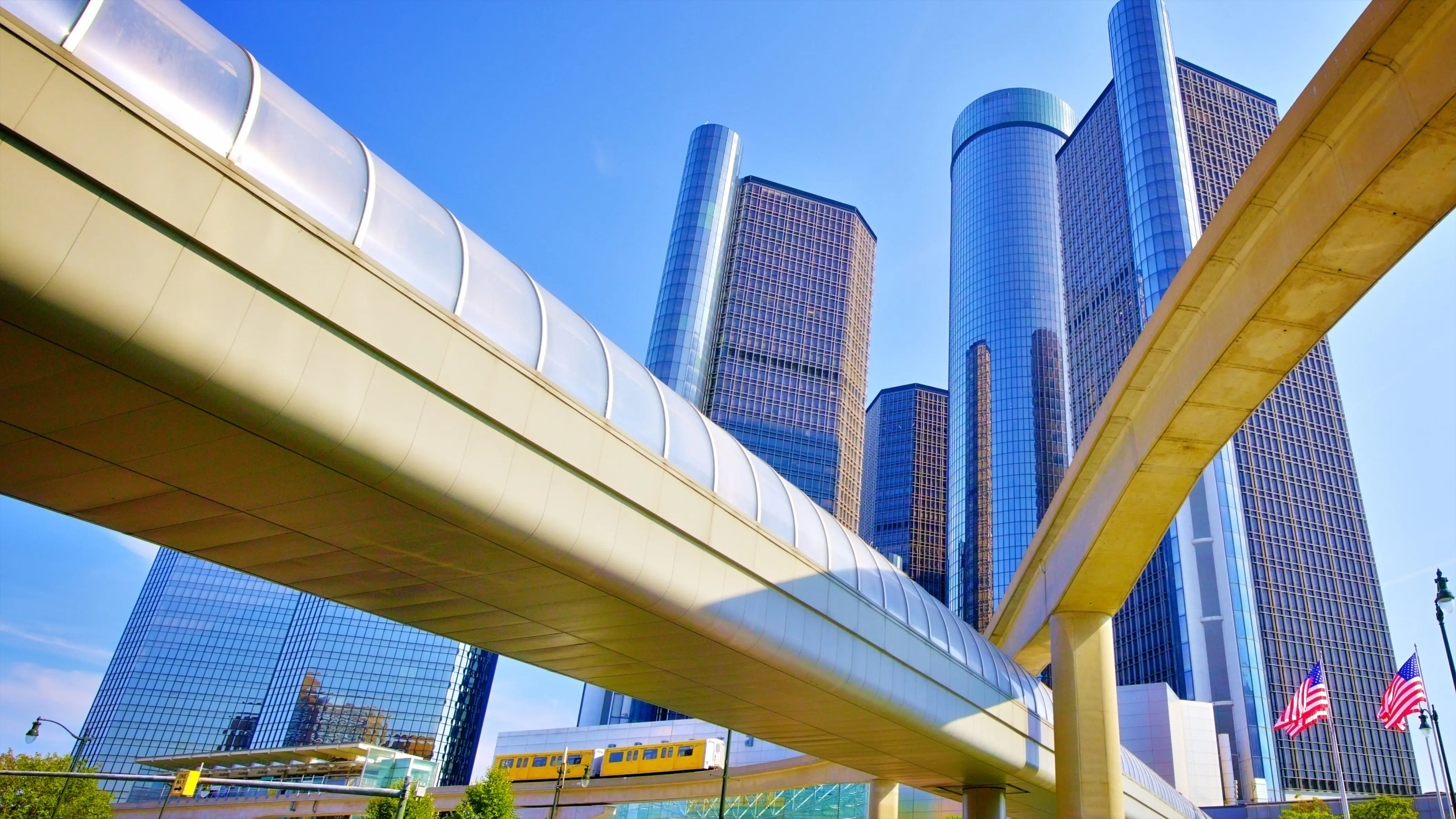 Ground-level image of the buildings and skyscrapers in Detroit.