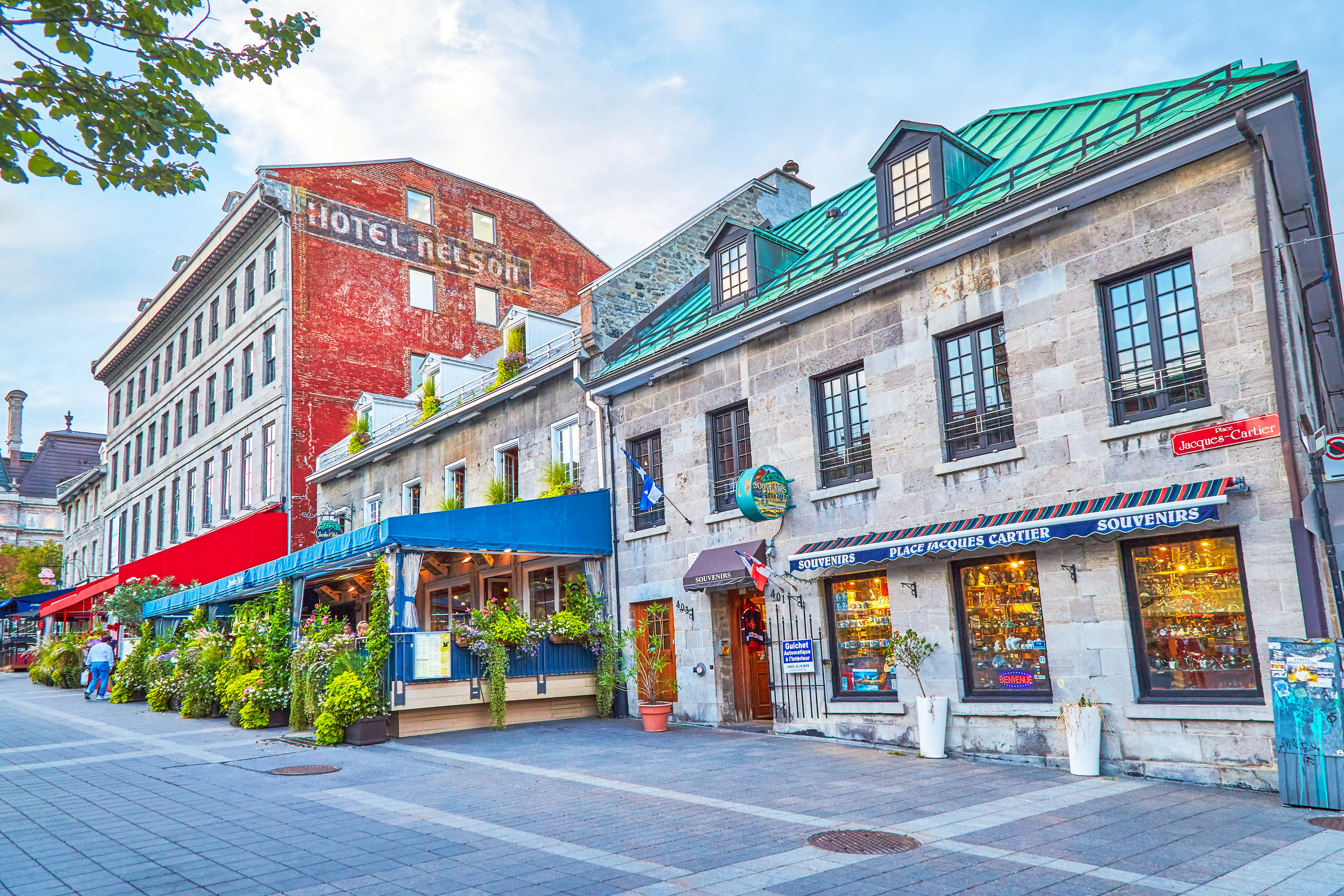 Image of the colorful street of Place Jacques Cartier, Old Montreal, Canada.