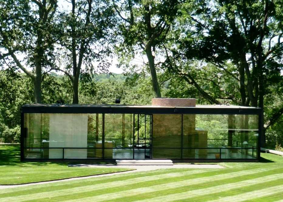 Exterior photo of The Philip Johnson Glass House in New Canaan Connecticut