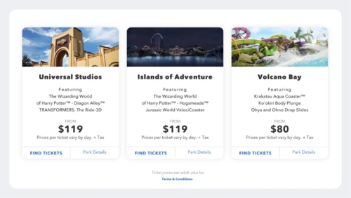 A screenshot of a list of the three Universal Studio parks—Universal Studios, Islands of Adventures and Volcano Bay 