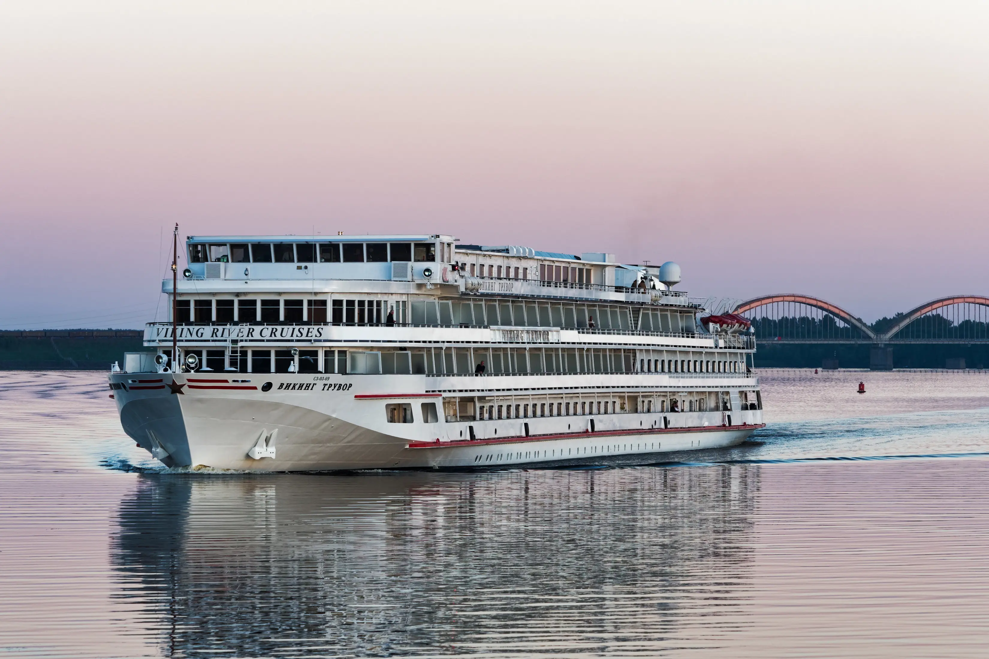 Image of a Viking River Cruise sailing at dusk.