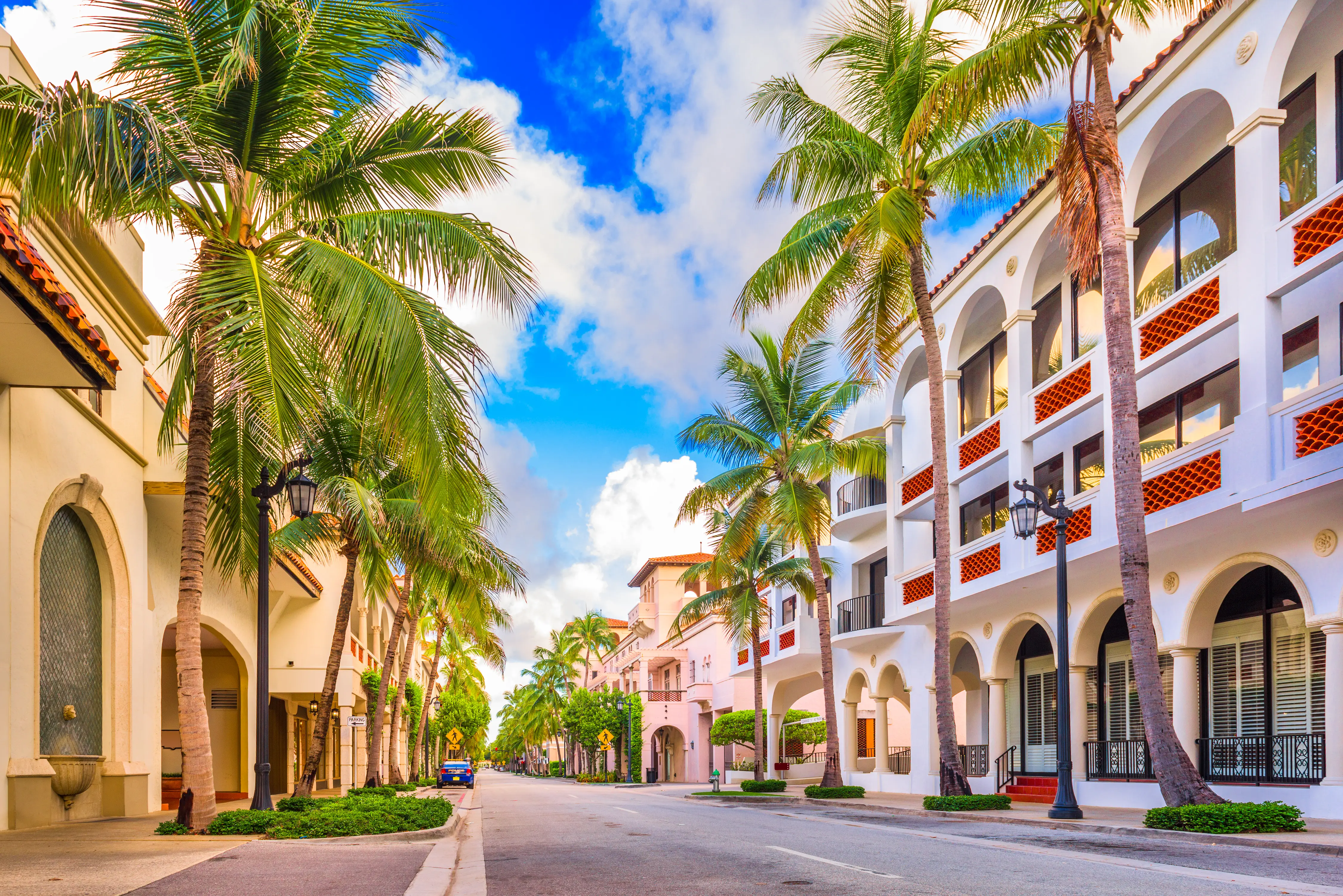 Skyline in Palm Beach, Florida, USA. High buildings and small villas are part of the urban scenery.
