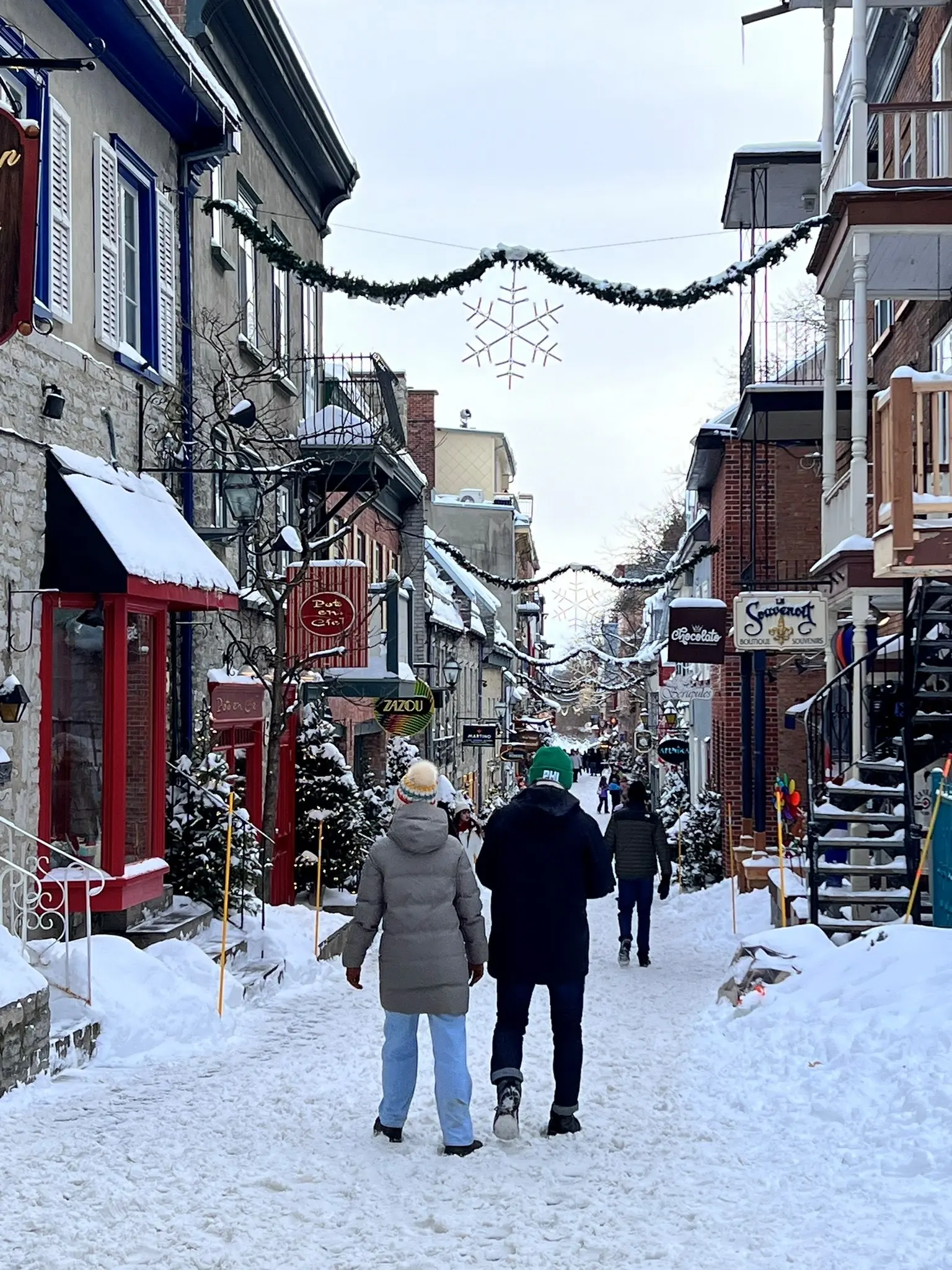 Outdoor image of Christmas decor on the streets on Quebec City.