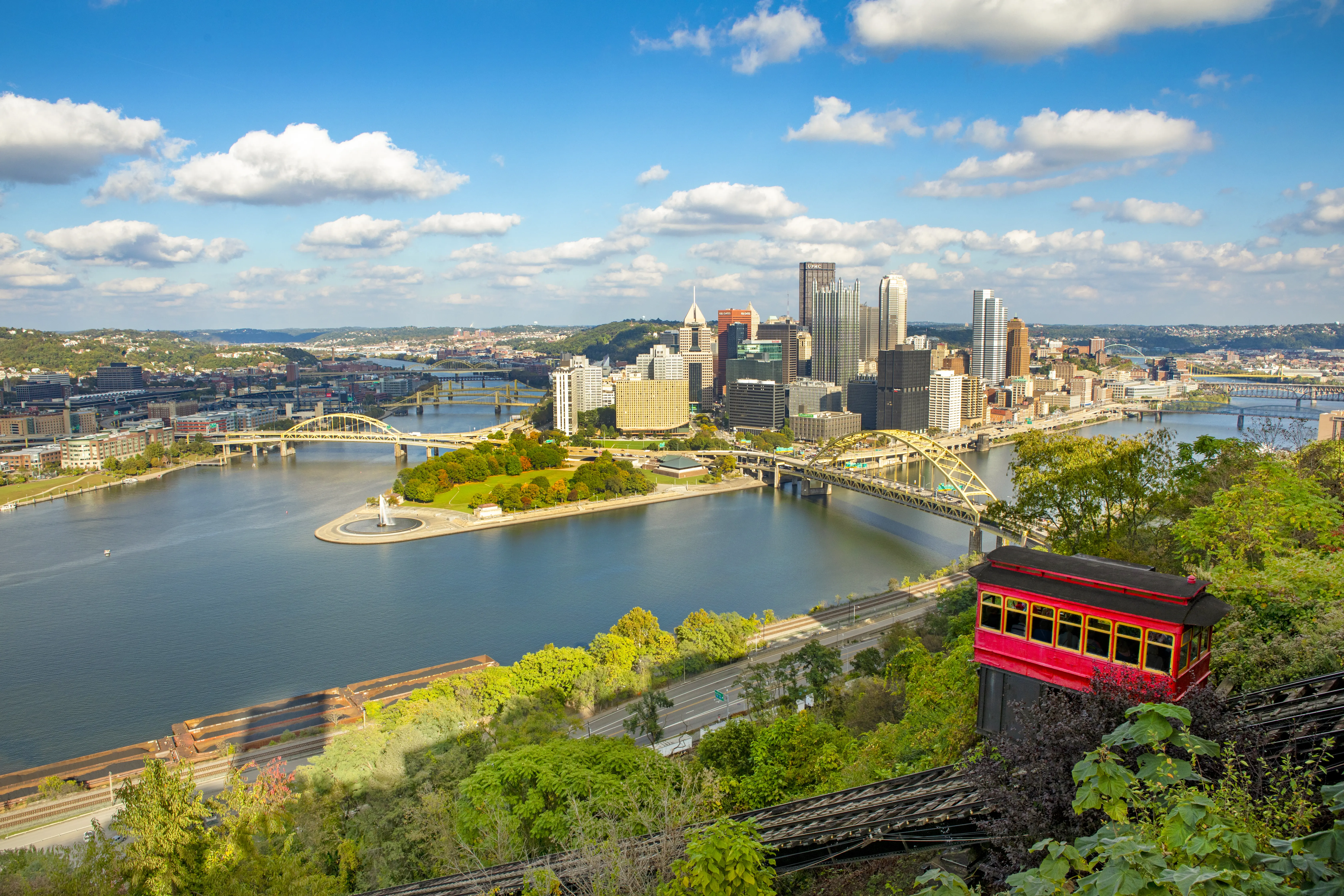 Duquesne Incline traveling down the hillside of Mt. Washington overlooking downtown Pittsburgh