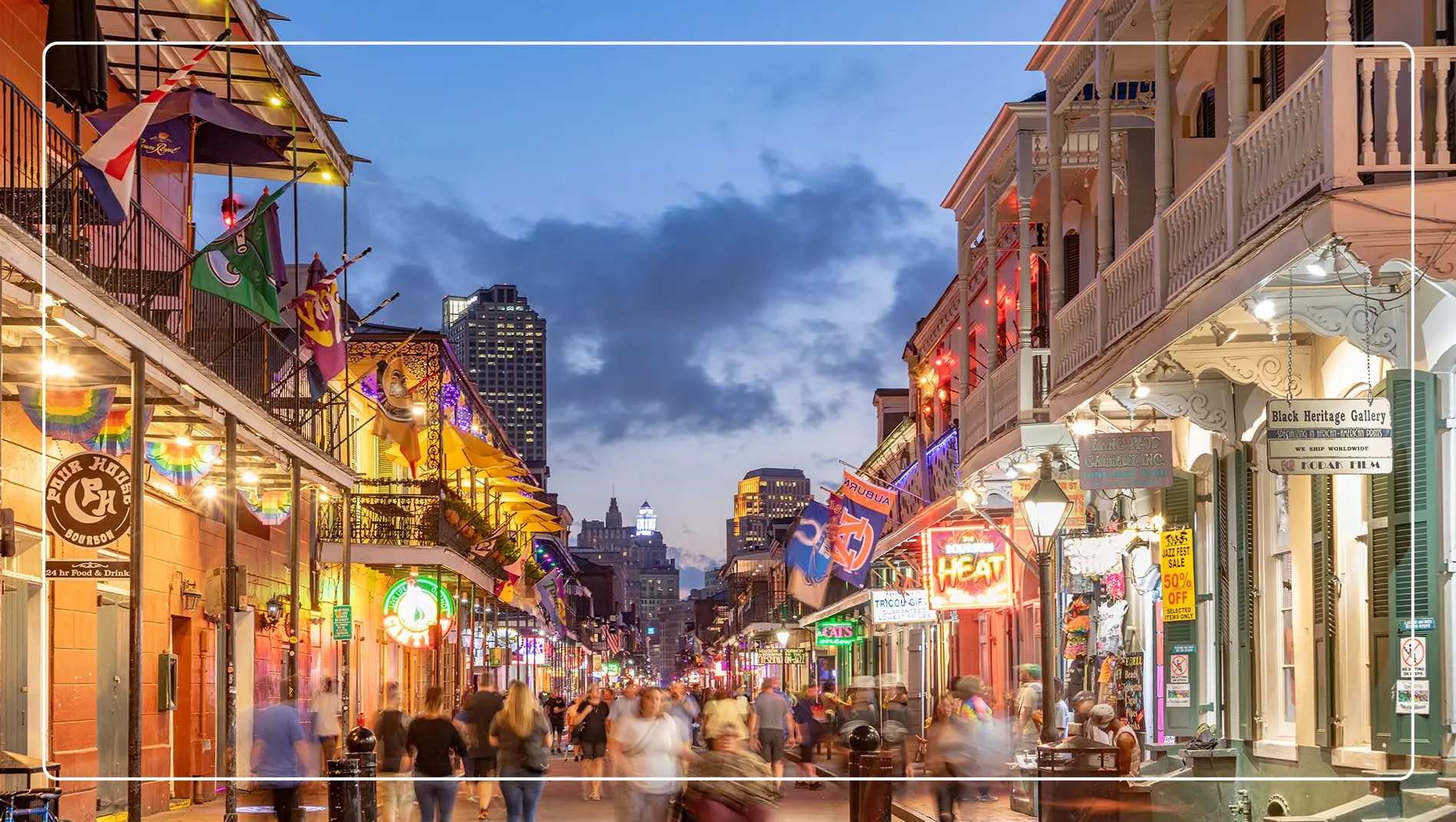 Bourbon Street in New Orleans during the evening.