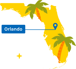 Yellow cut out of Florida with palm trees and a pinpoint on Orlando.