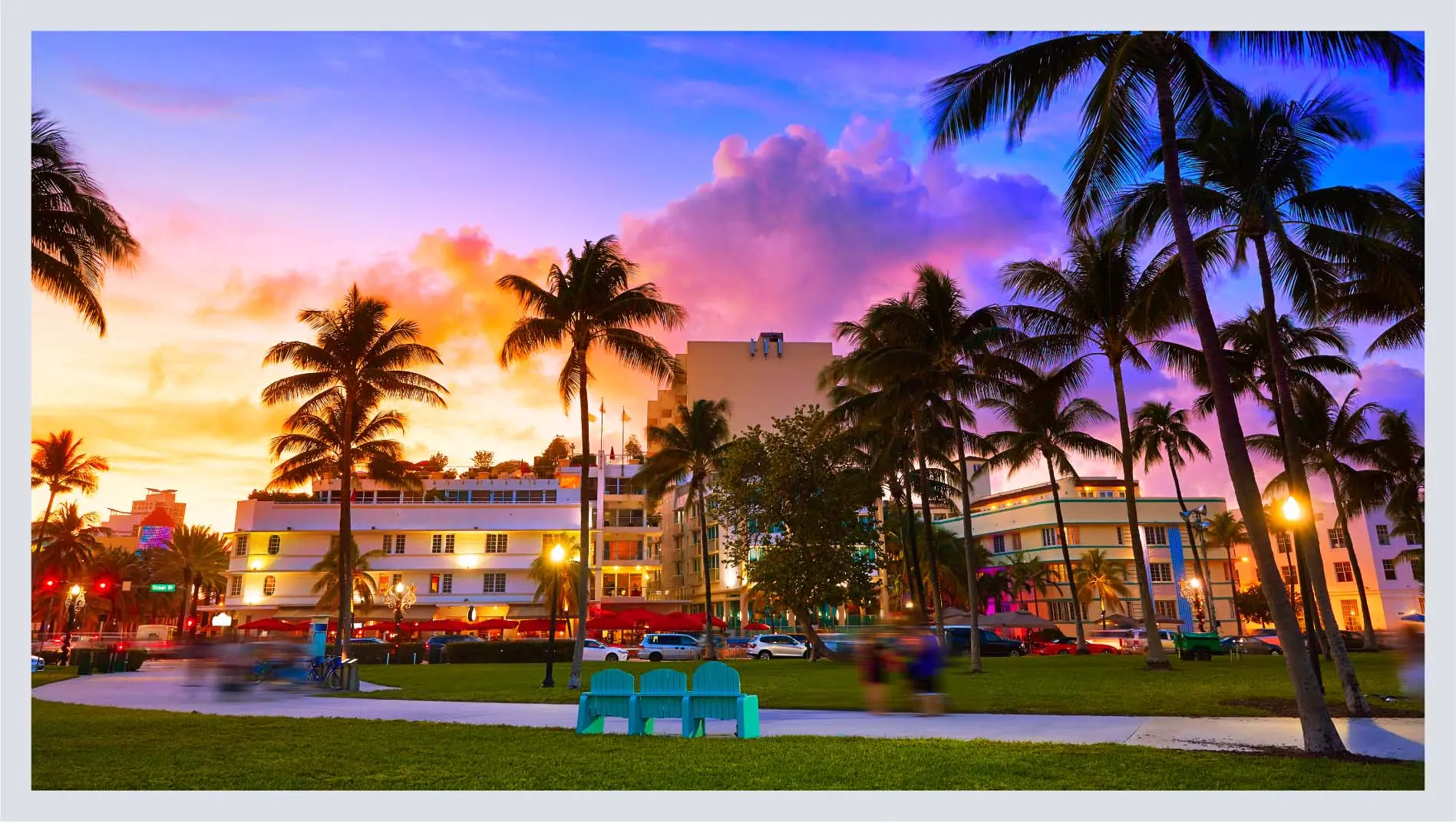 Exterior of a hotel at South Beach in Miami at sunset.