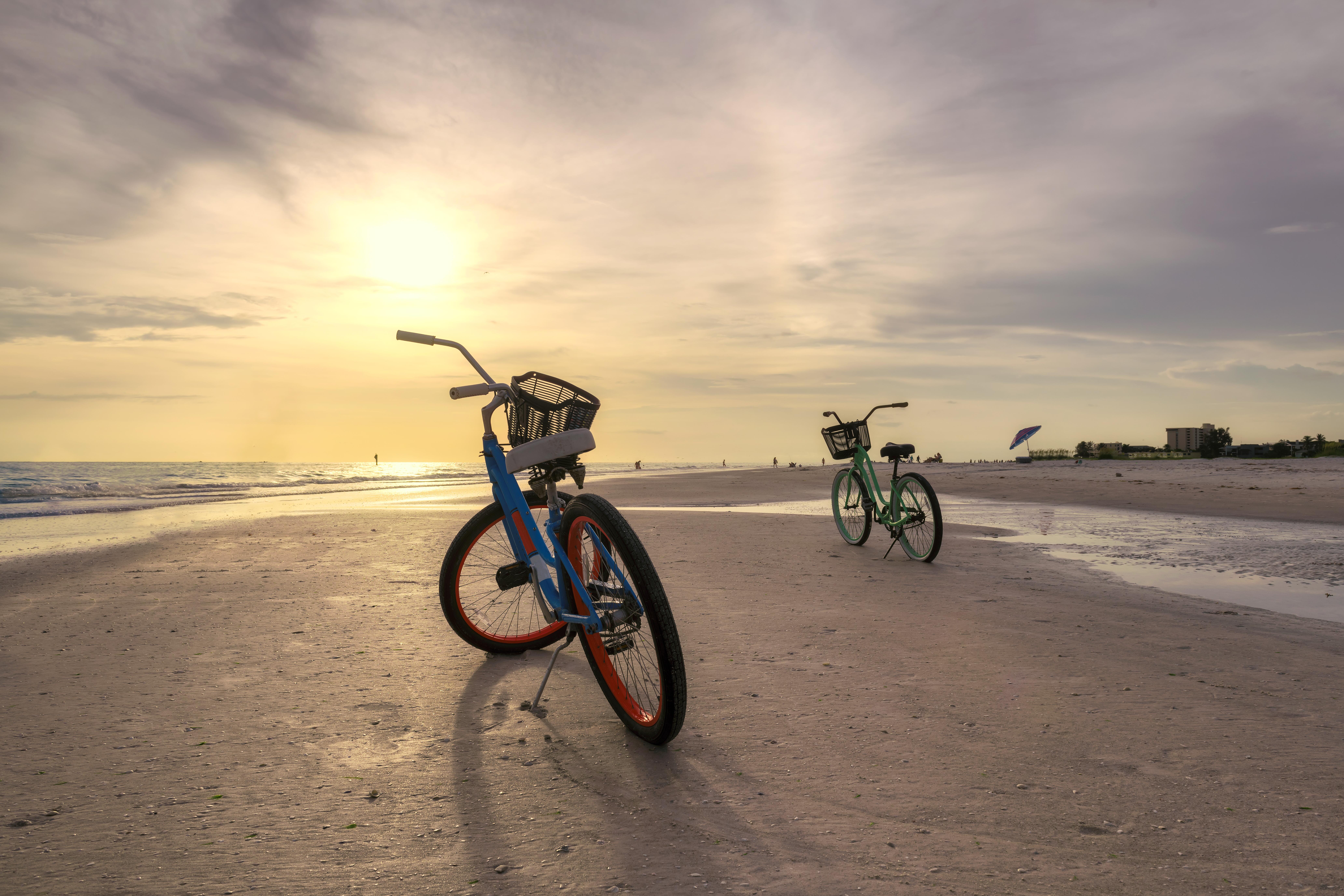 Bicycle on the beach at Sunset in Siesta Key beach, Sarasota, Florida